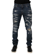 Dolce & Gabbana Blue Tattered Cotton Skinny Men Denim Jeans