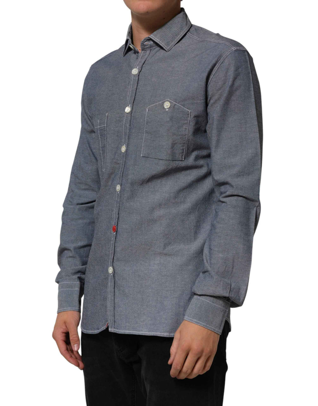 AGLINI Blue Denim Regular Fit Collared Long Sleeve Casual Shirt