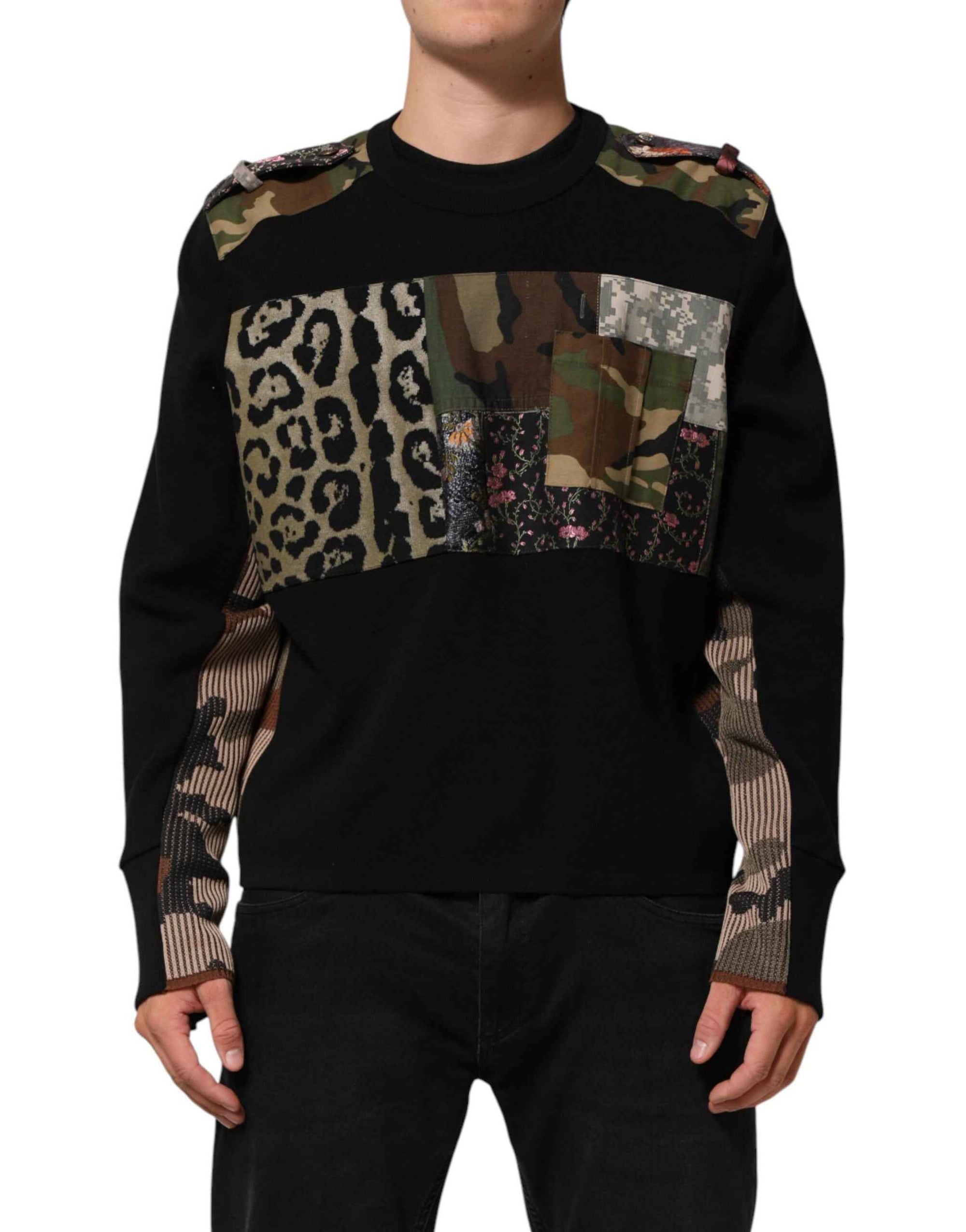 Dolce & Gabbana Black Patchwork Crew Neck Pullover Sweater