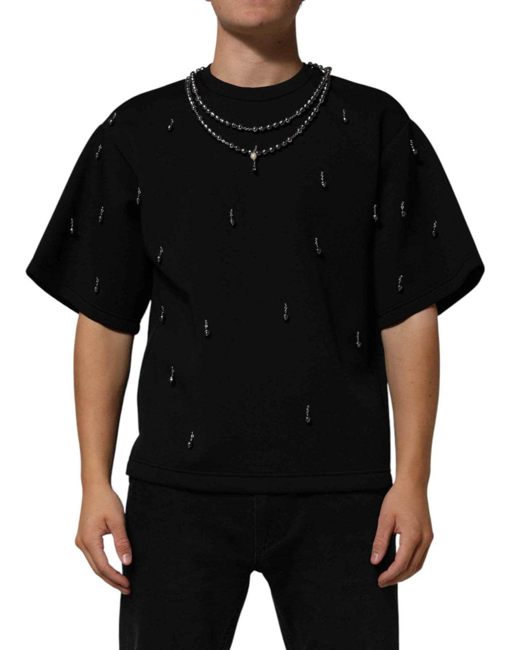 Dolce & Gabbana Black Polyester Necklace Embellished T-shirt