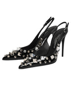 Dolce & Gabbana Black Studded Leather Heels Slingbacks Shoes