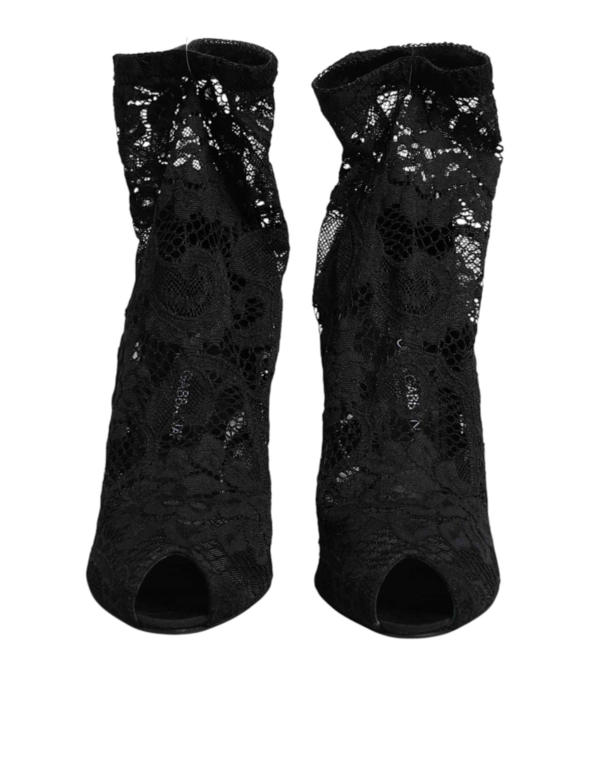Dolce & Gabbana Black Stretch Taormina Lace Boots Shoes