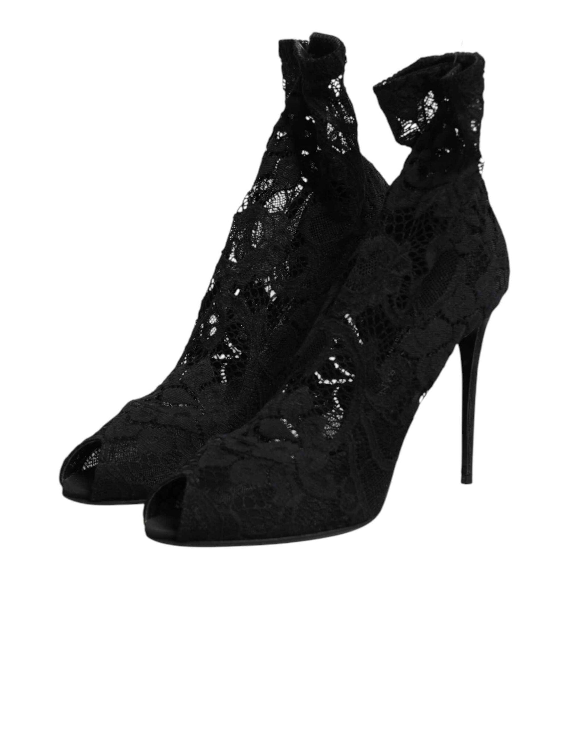 Dolce & Gabbana Black Stretch Taormina Lace Boots Shoes