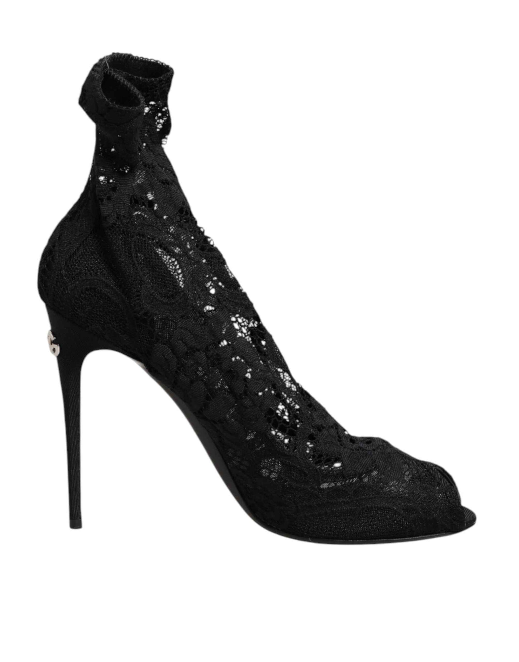 Dolce & Gabbana Black Stretch Taormina Lace Boots Shoes