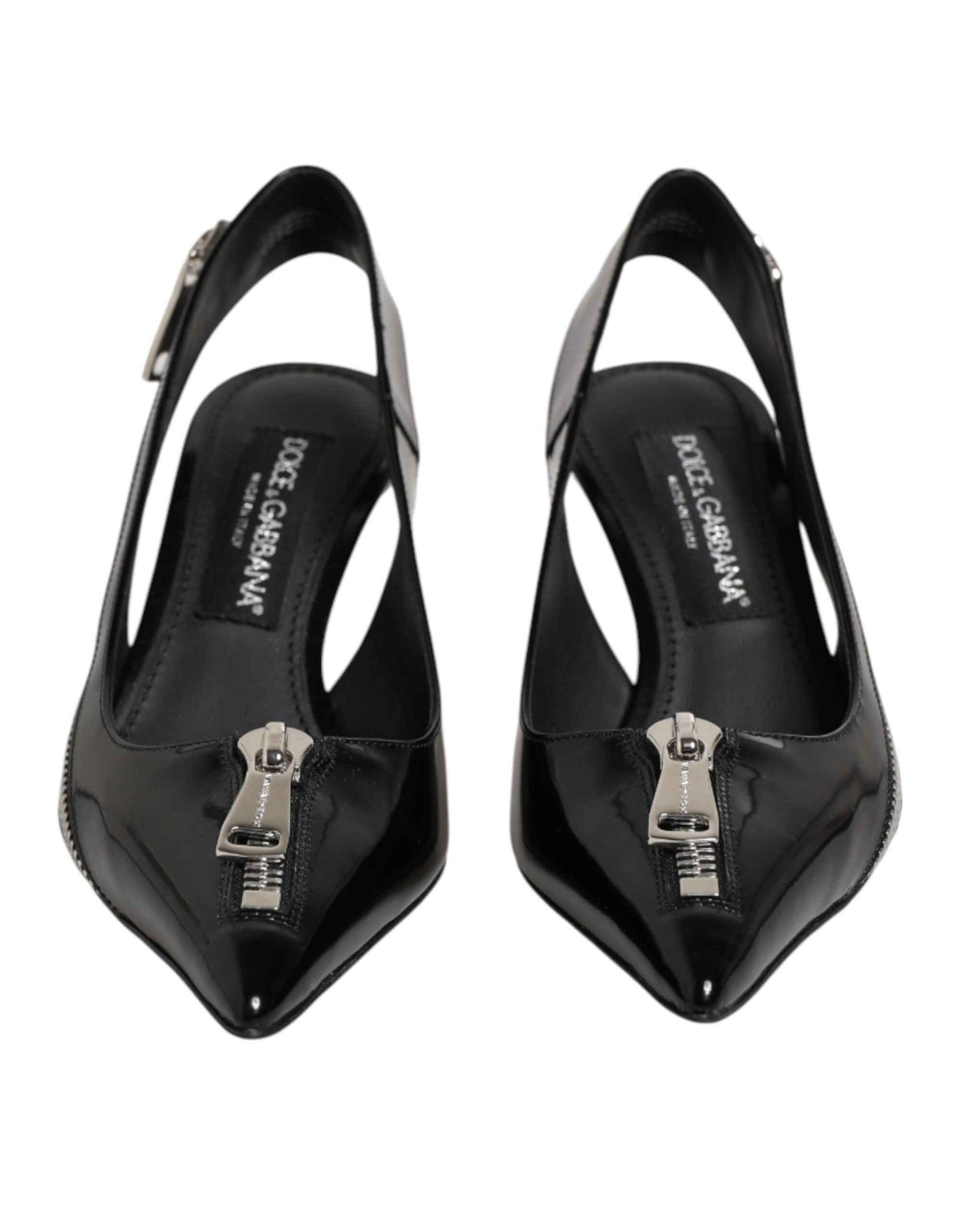 Dolce & Gabbana Black Zipper Leather Heels Slingbacks Shoes