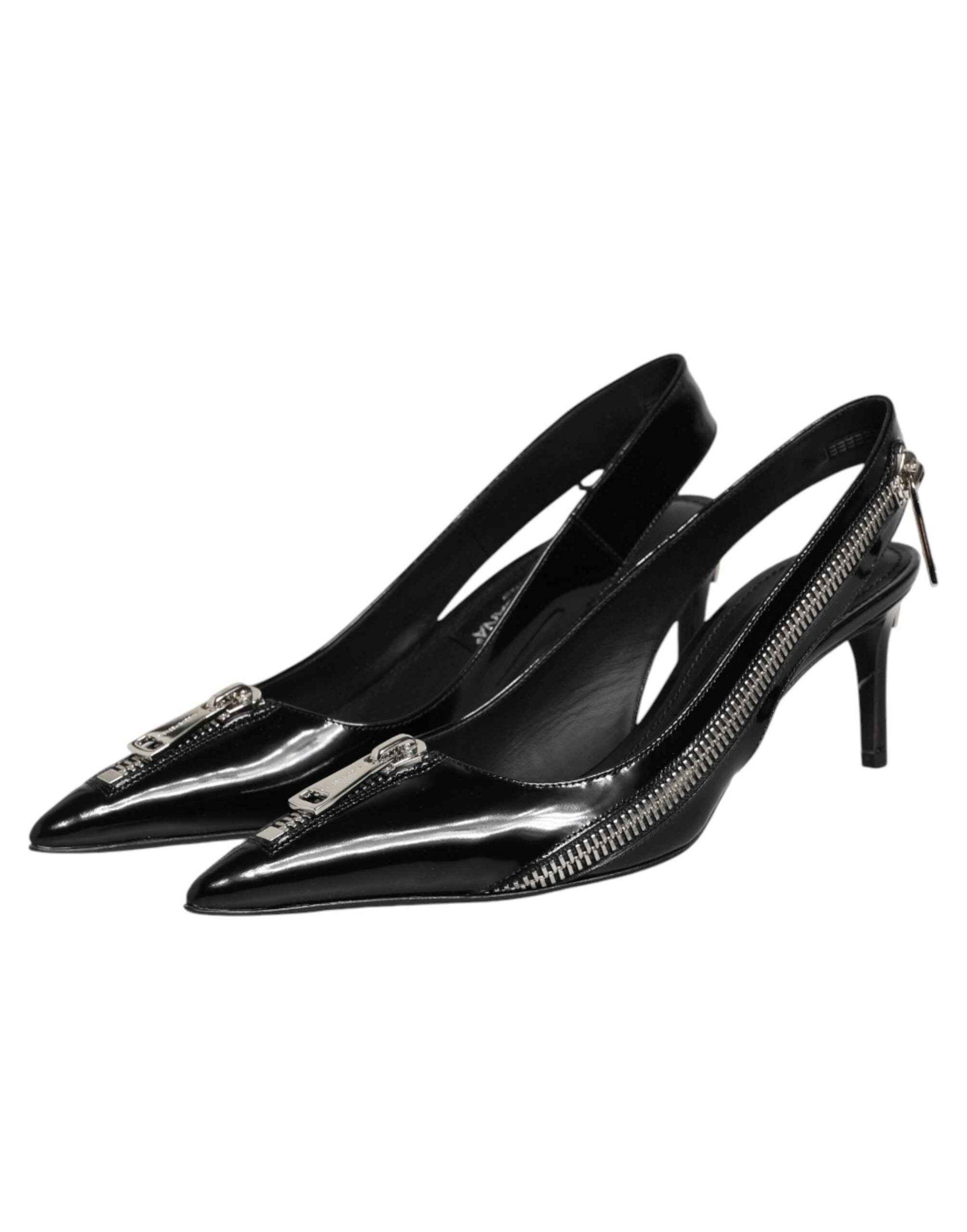 Dolce & Gabbana Black Zipper Leather Heels Slingbacks Shoes