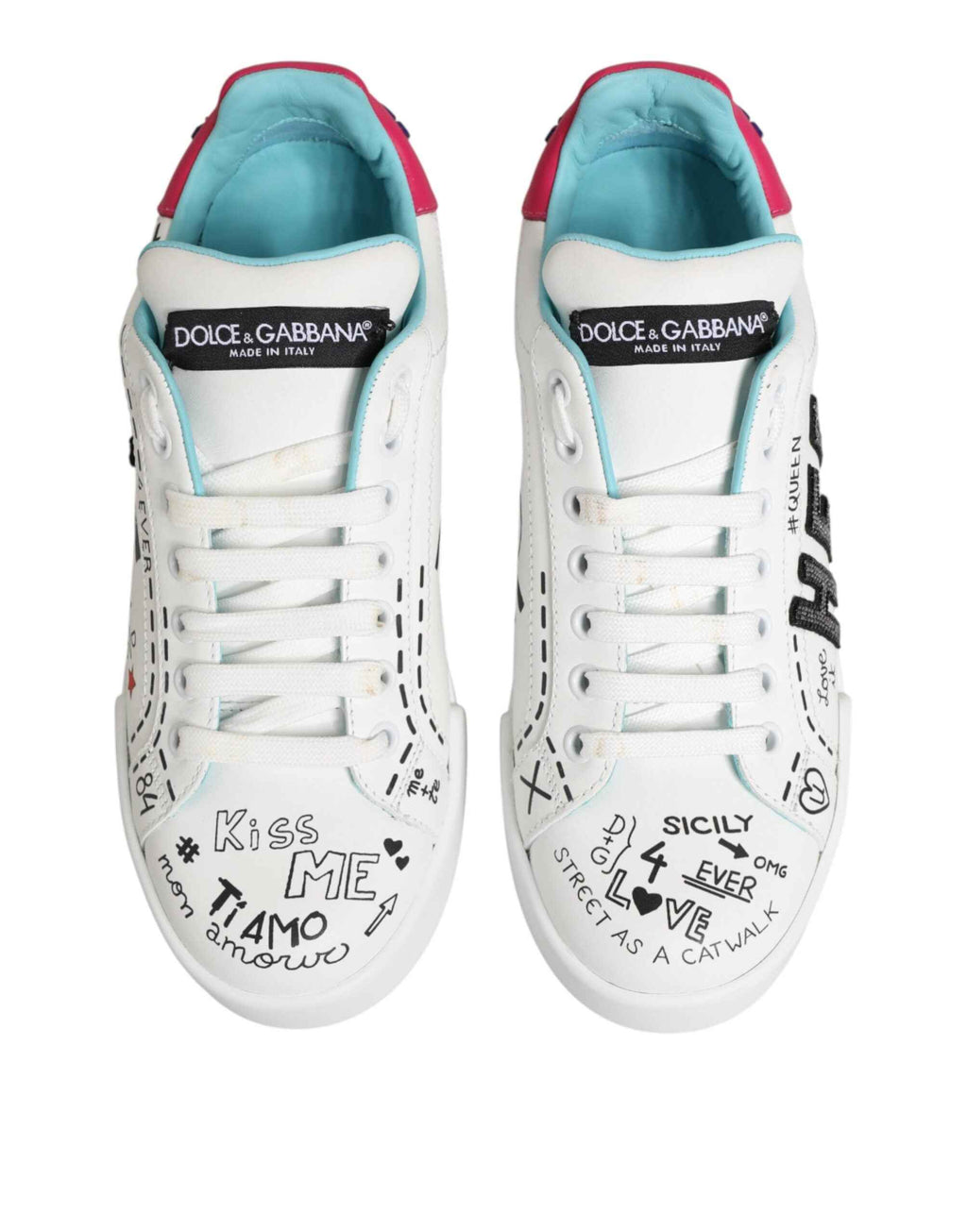 Dolce & Gabbana White Leather Graffiti Low Top Sneakers Shoes