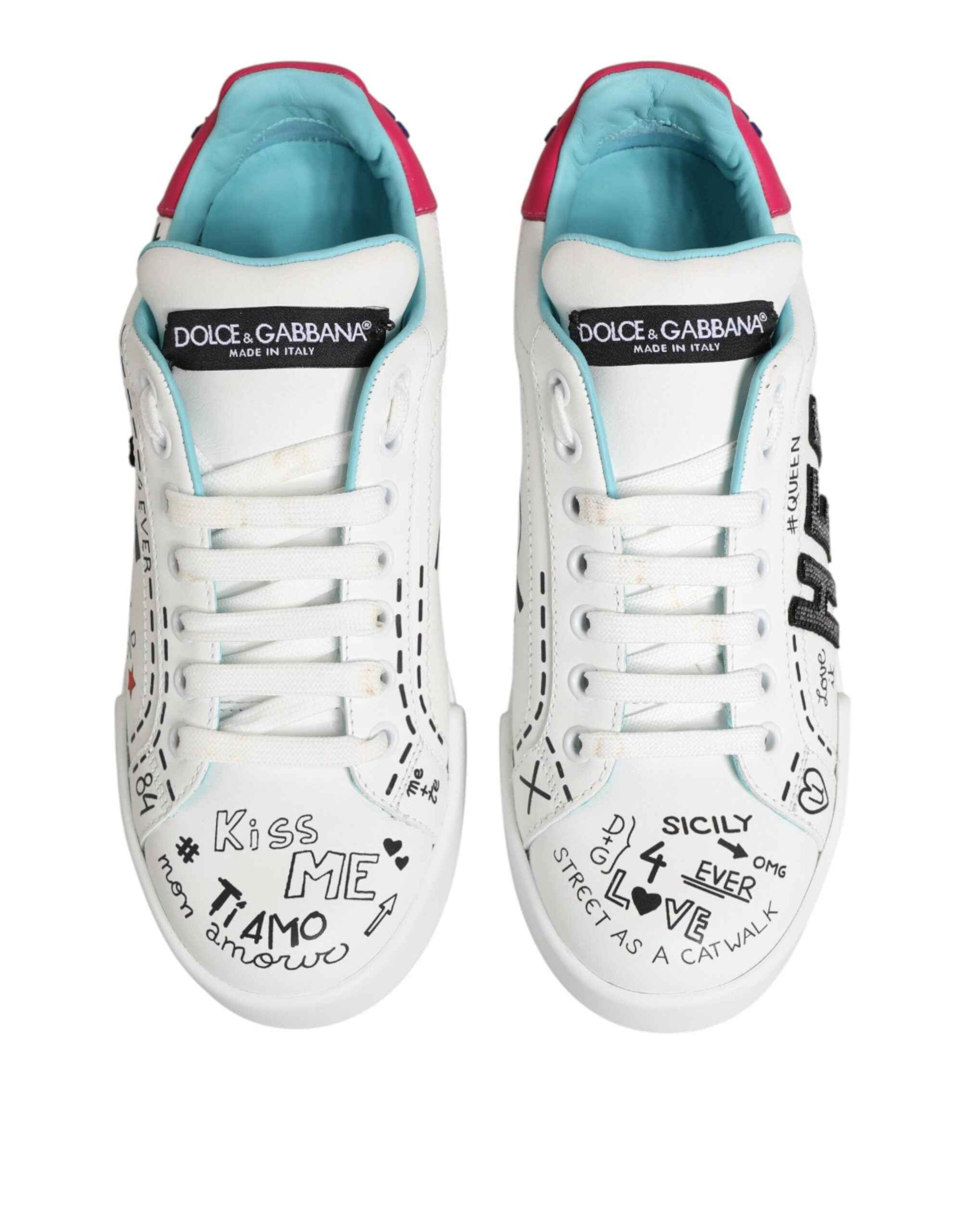 Dolce & Gabbana White Leather Graffiti Low Top Sneakers Shoes