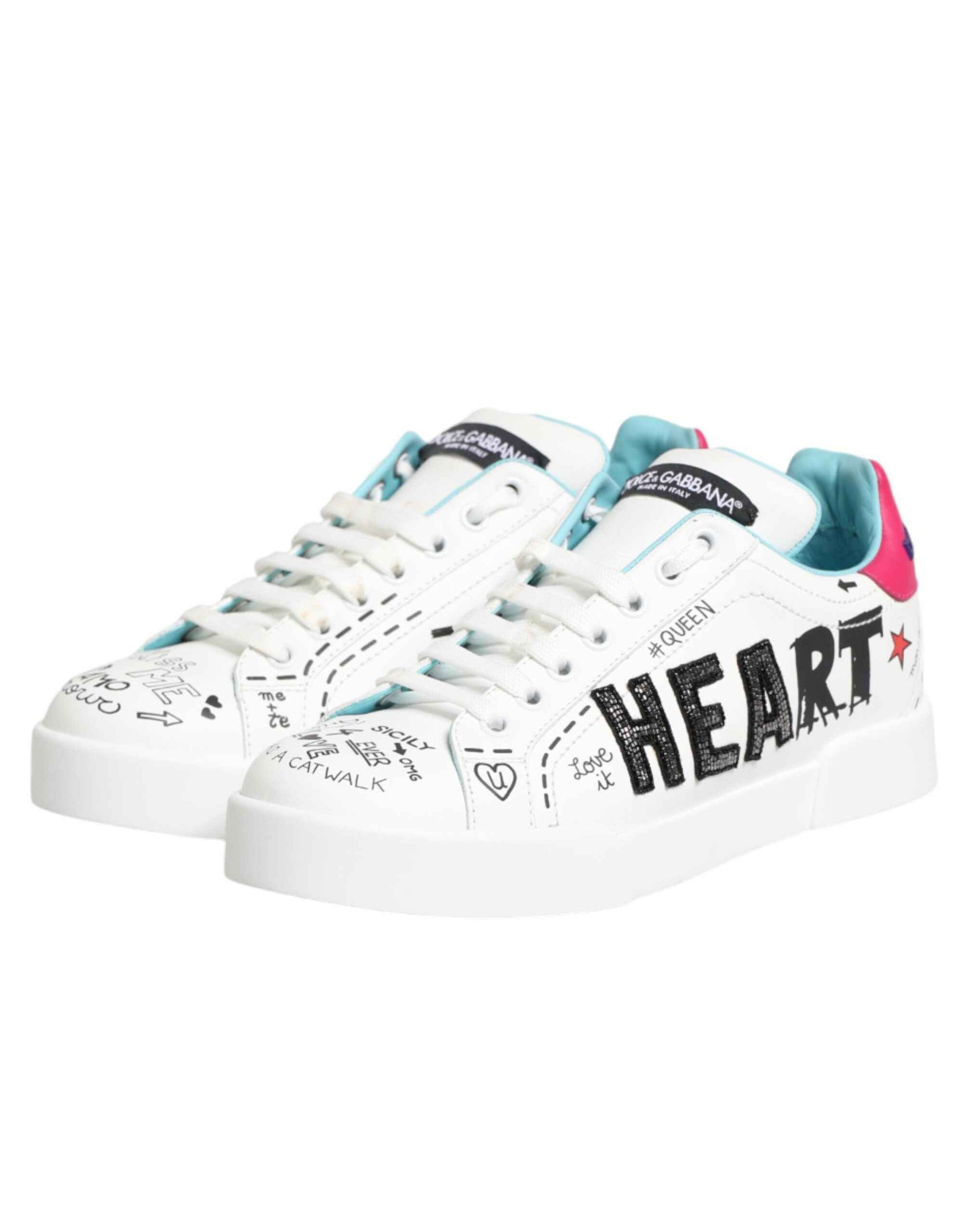 Dolce & Gabbana White Leather Graffiti Low Top Sneakers Shoes