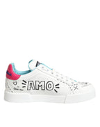 Dolce & Gabbana White Leather Graffiti Low Top Sneakers Shoes