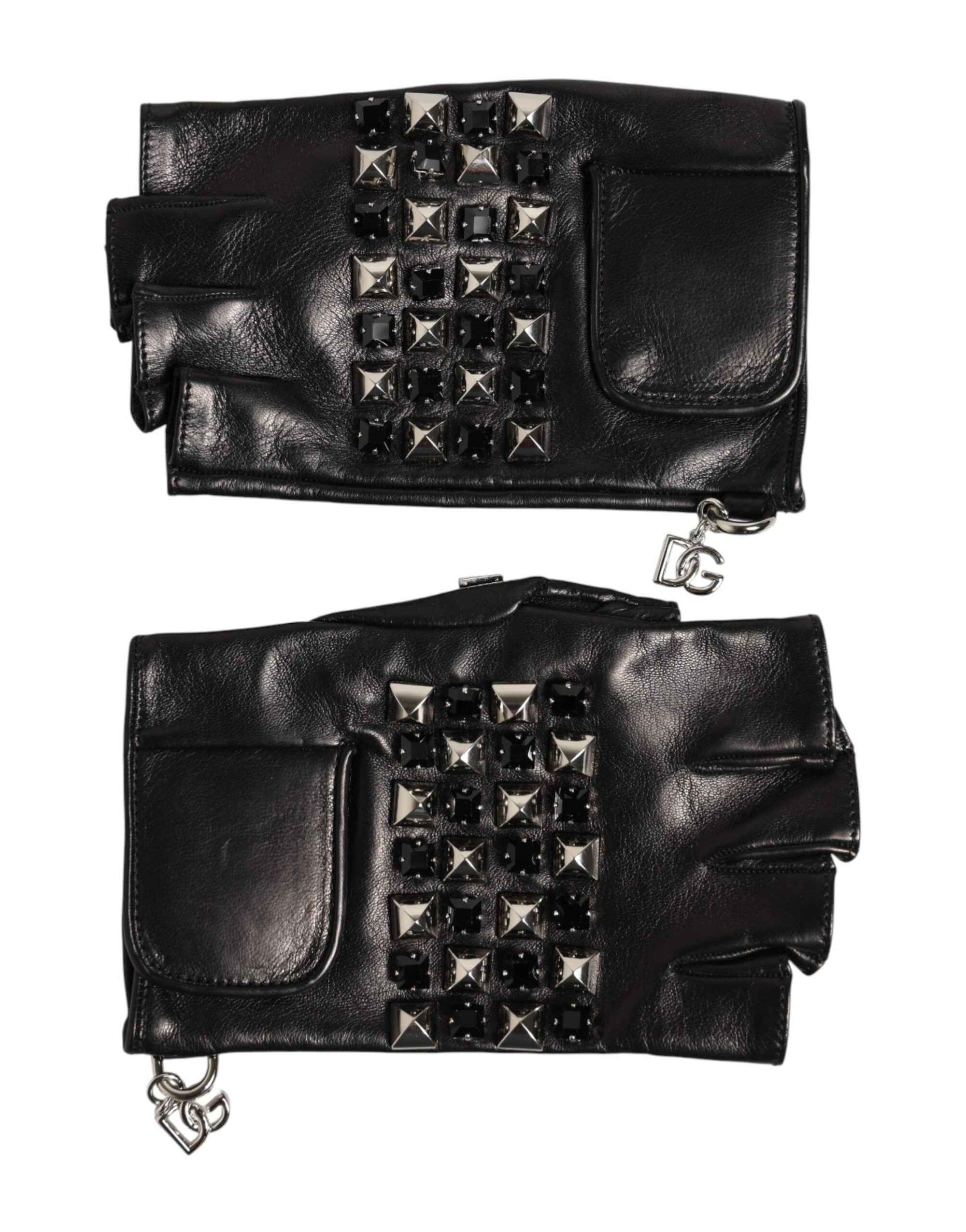 Dolce & Gabbana Black Leather Studded Fingerless Hand Mitten Men Gloves