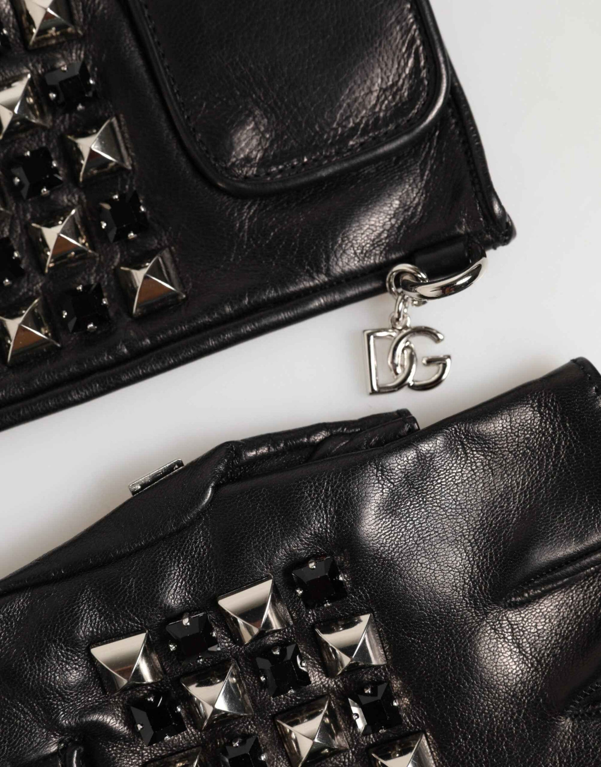 Dolce & Gabbana Black Leather Studded Fingerless Hand Mitten Men Gloves