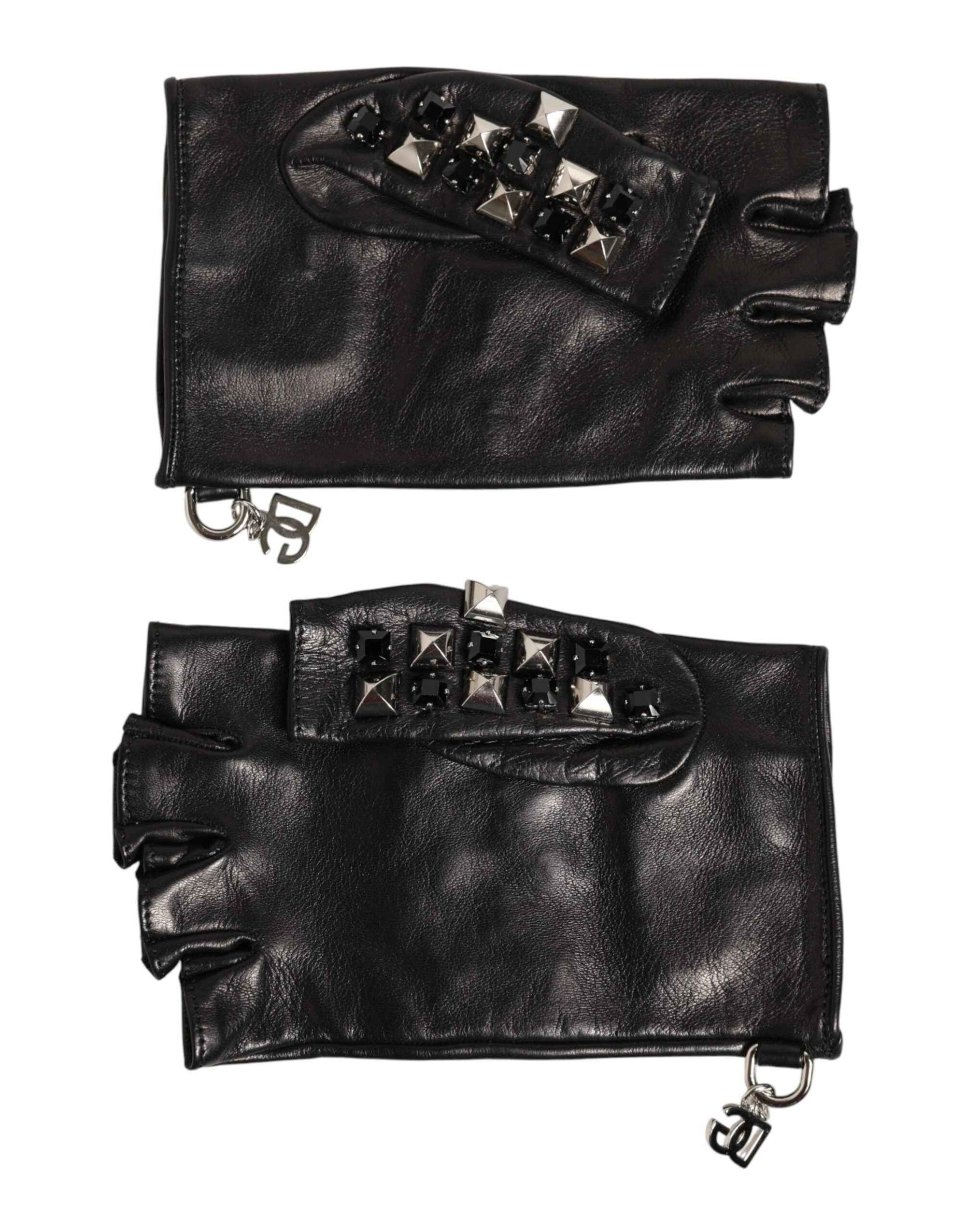 Dolce & Gabbana Black Leather Studded Fingerless Hand Mitten Men Gloves