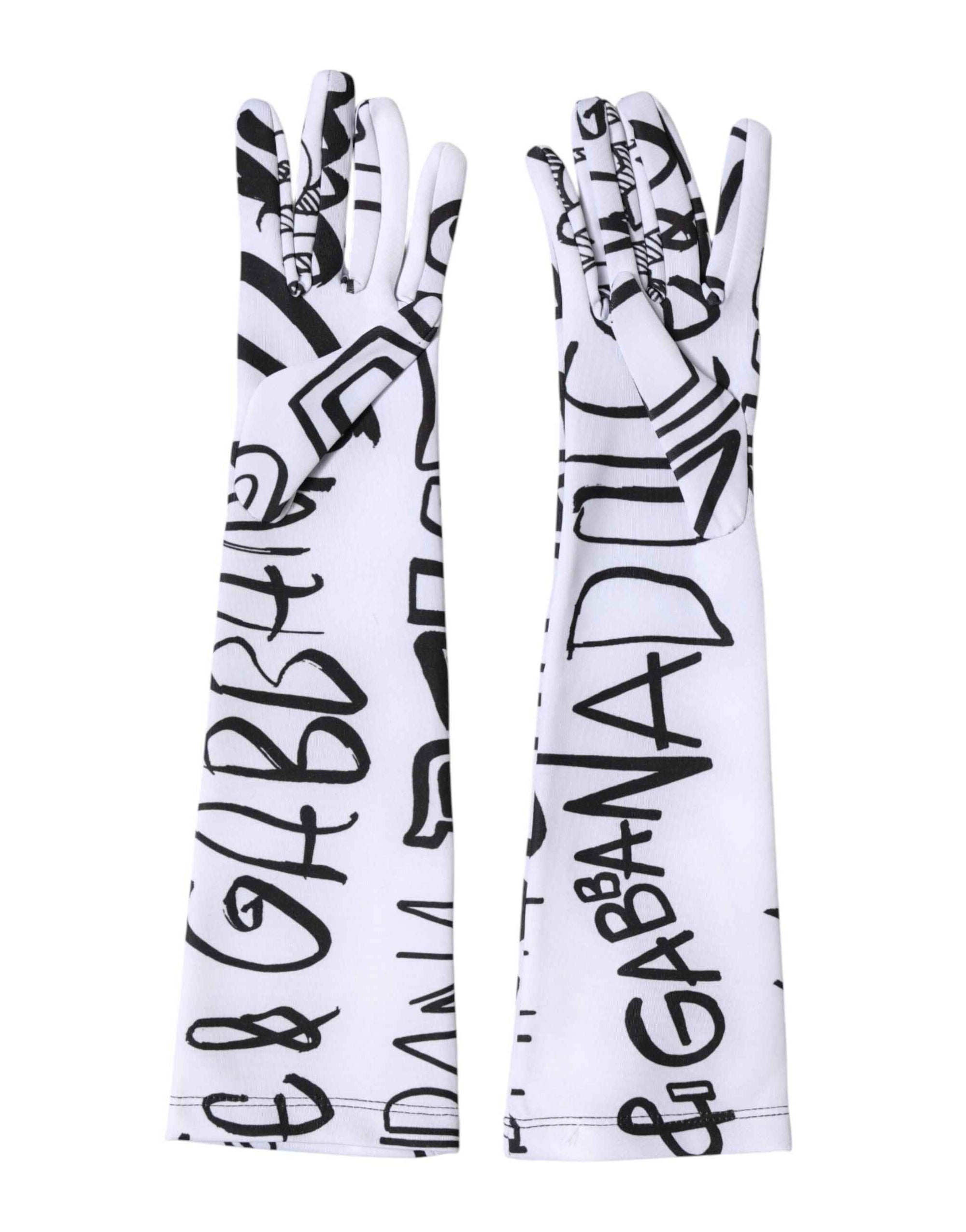Dolce & Gabbana Black White DG Logo Elbow Length Mitten  Gloves