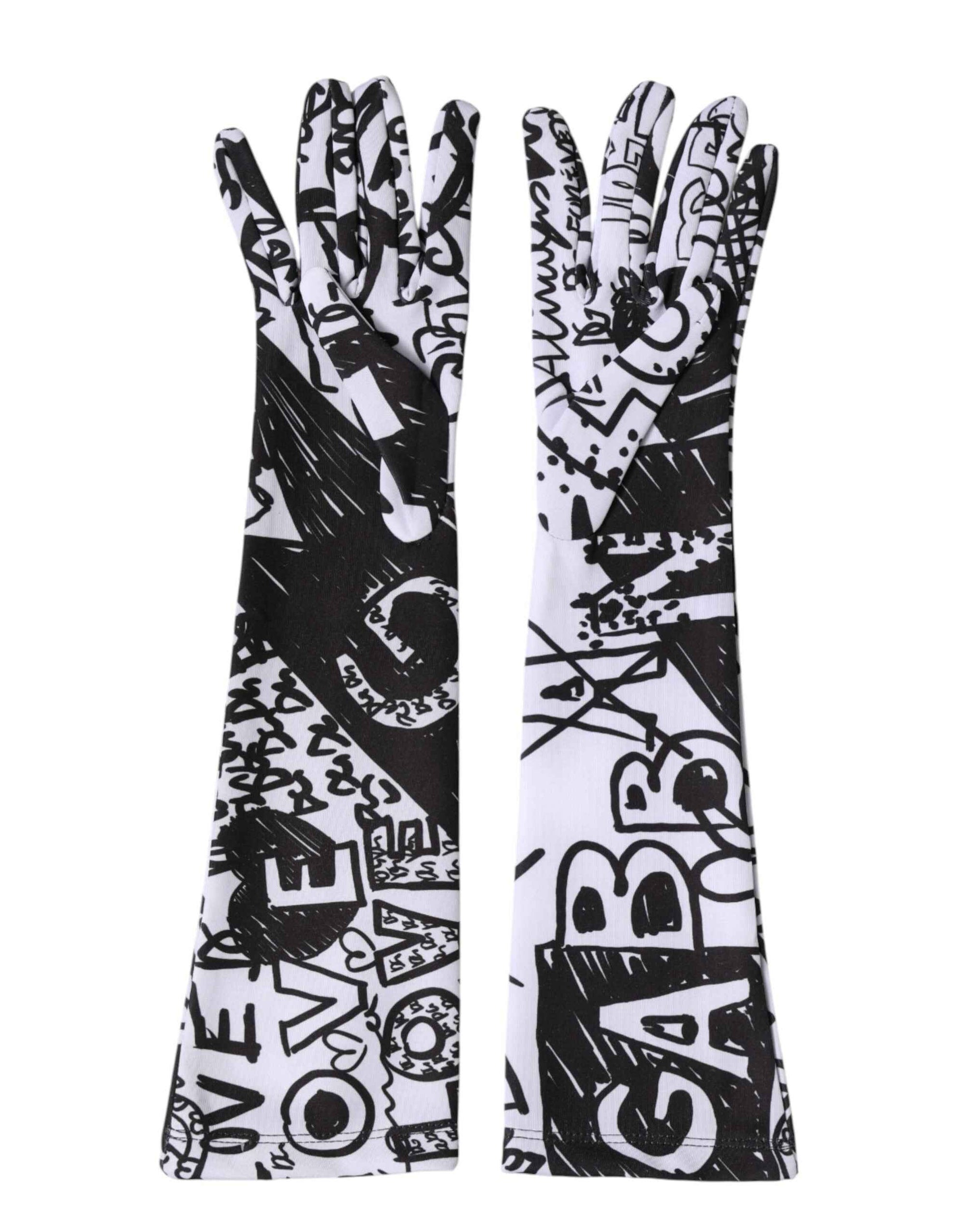 Dolce & Gabbana Gloves Black White DG Logo Elbow Length Mitten