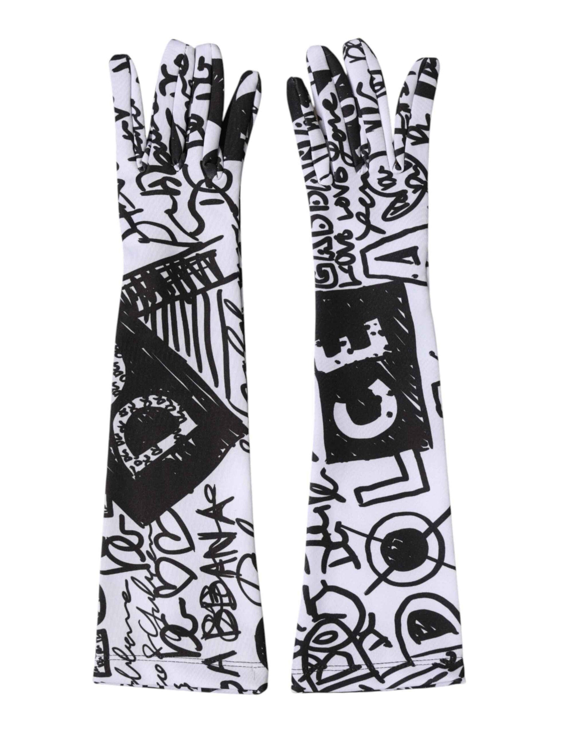 Dolce & Gabbana Gloves Black White DG Logo Elbow Length Mitten