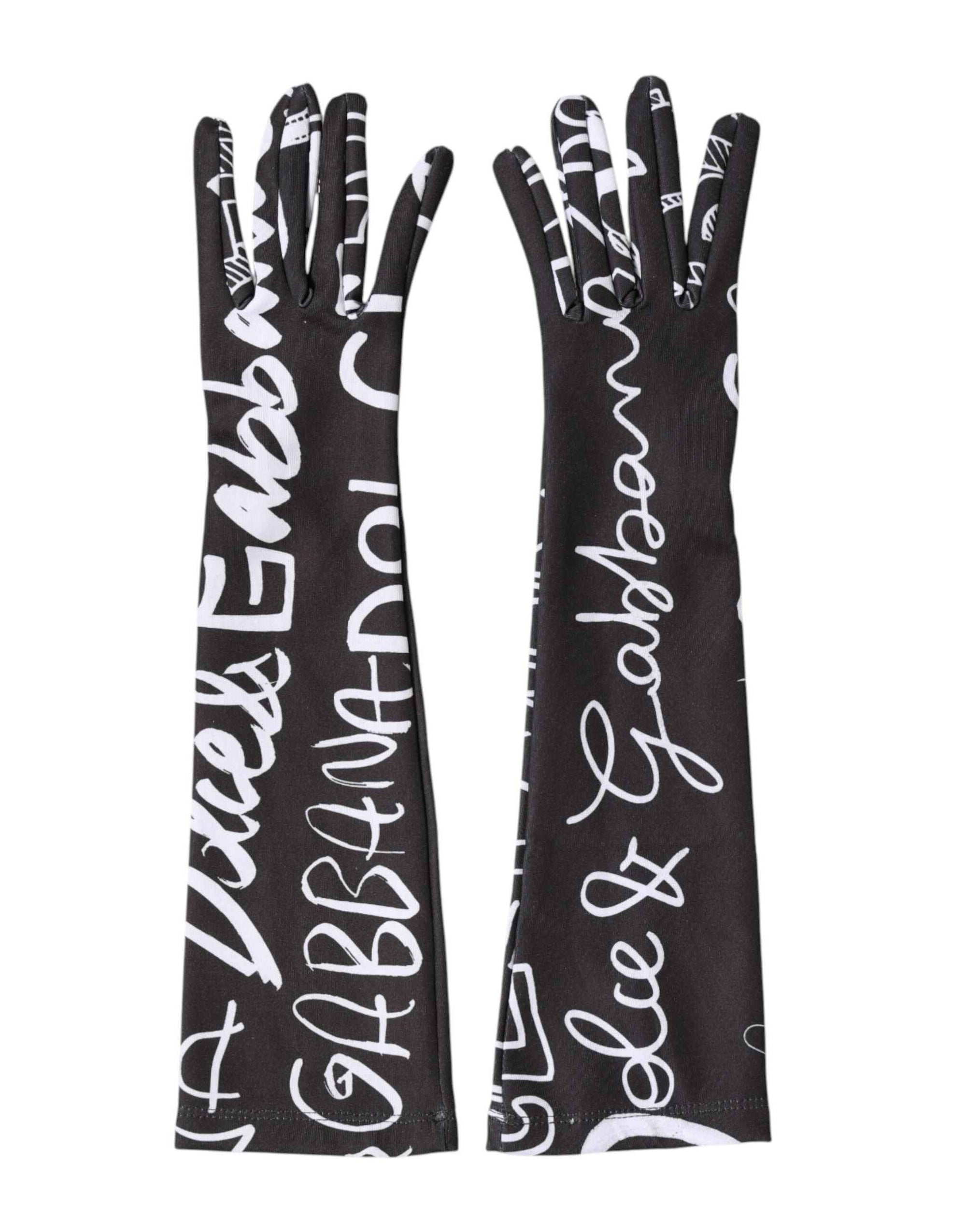 Dolce & Gabbana Black White DG Logo Elbow Length Mitten Gloves