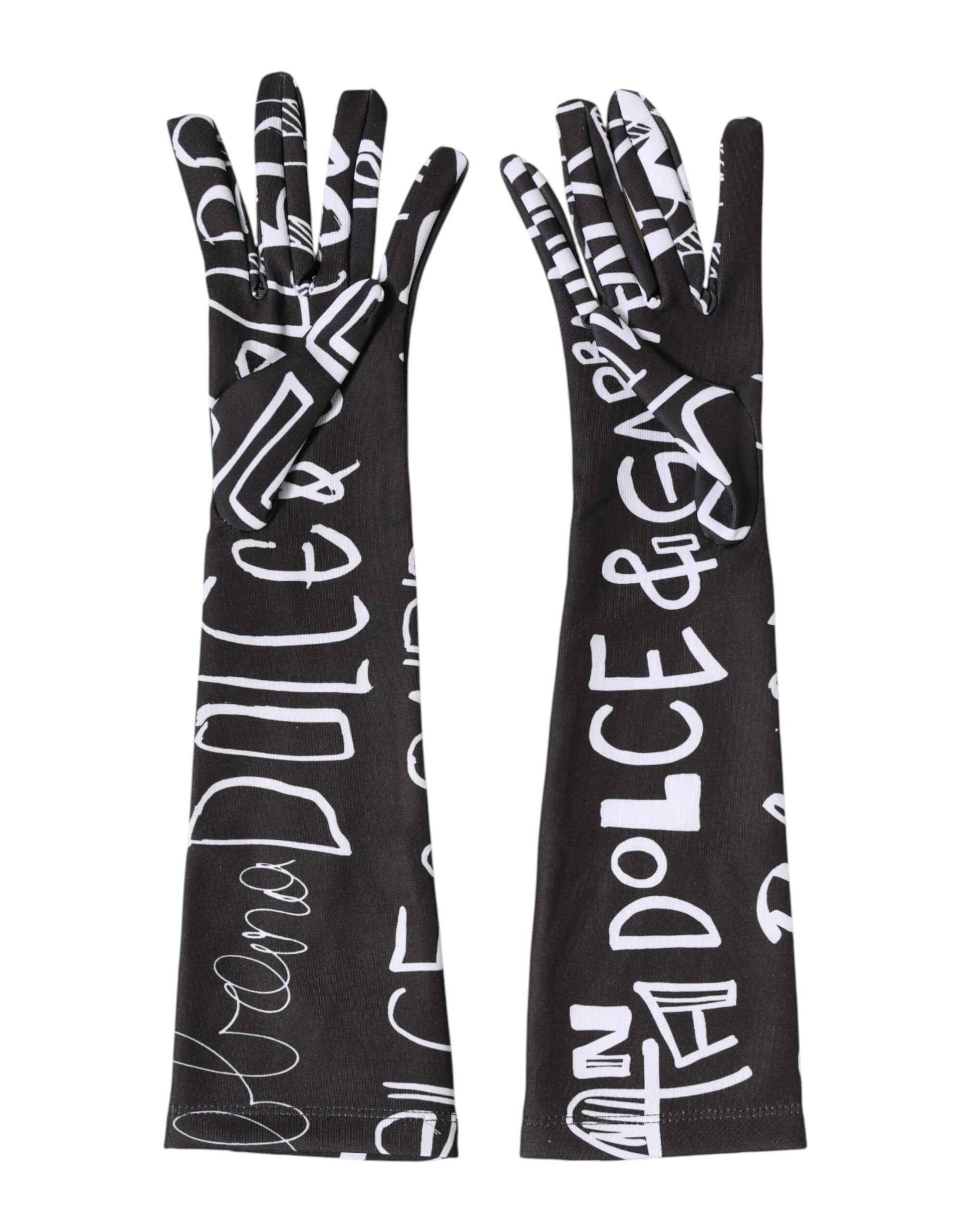 Dolce & Gabbana Black White DG Logo Elbow Length Mitten Gloves