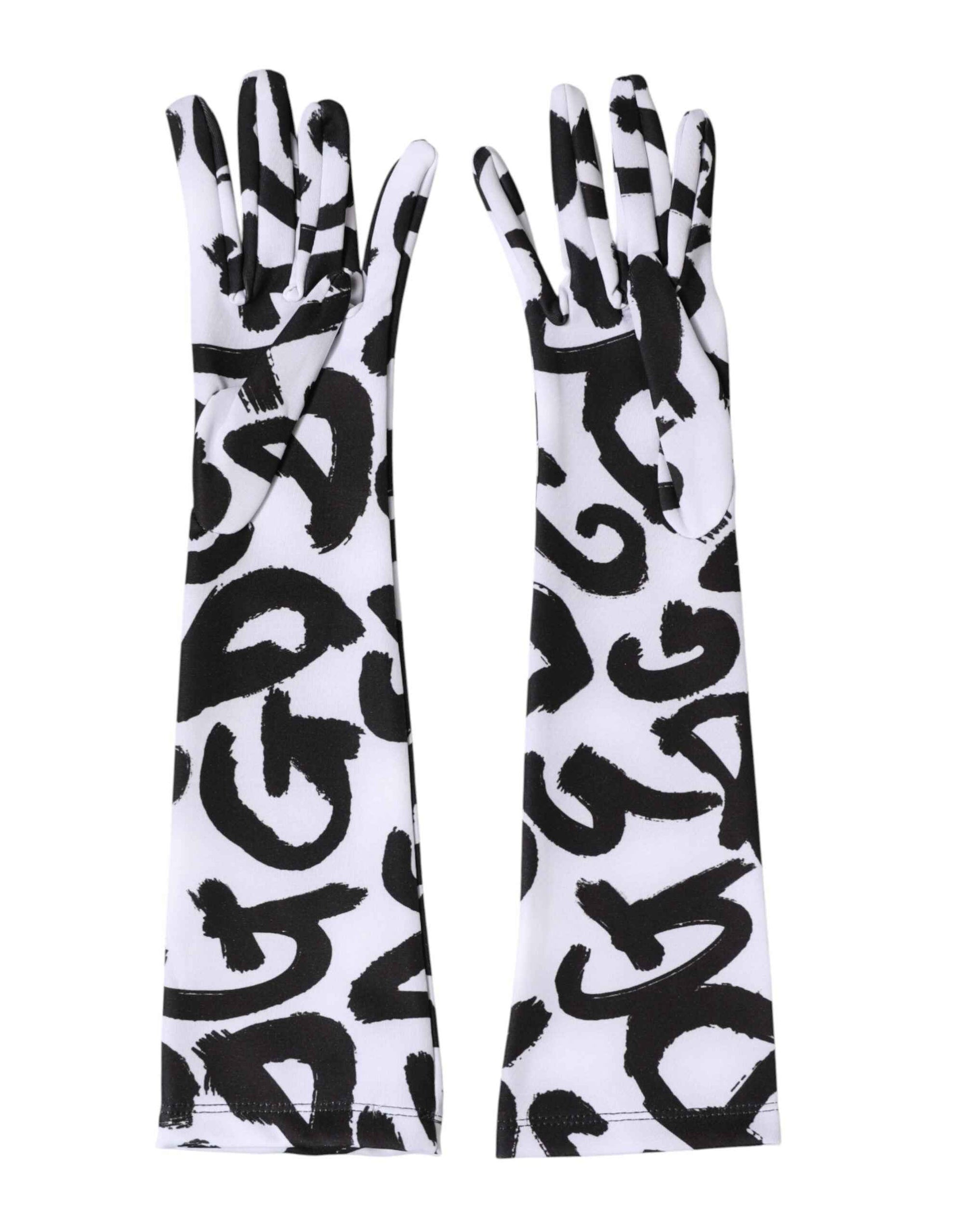 Dolce & Gabbana Black White DG Logo Elbow Length Mitten Gloves