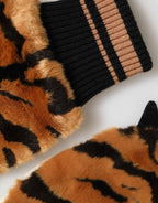 Dolce & Gabbana Brown Tiger Knitted Fur Wrist Mitten One Size Gloves