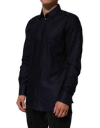 Dolce & Gabbana Blue Cotton Collared Long Sleeve GOLD Men Dress Shirt