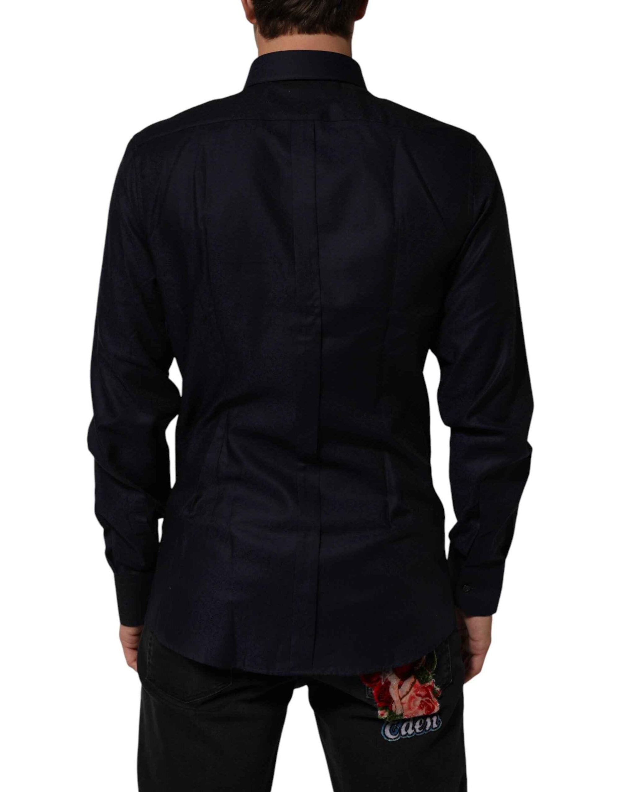 Dolce & Gabbana Blue Cotton Collared Long Sleeve GOLD Men Dress Shirt