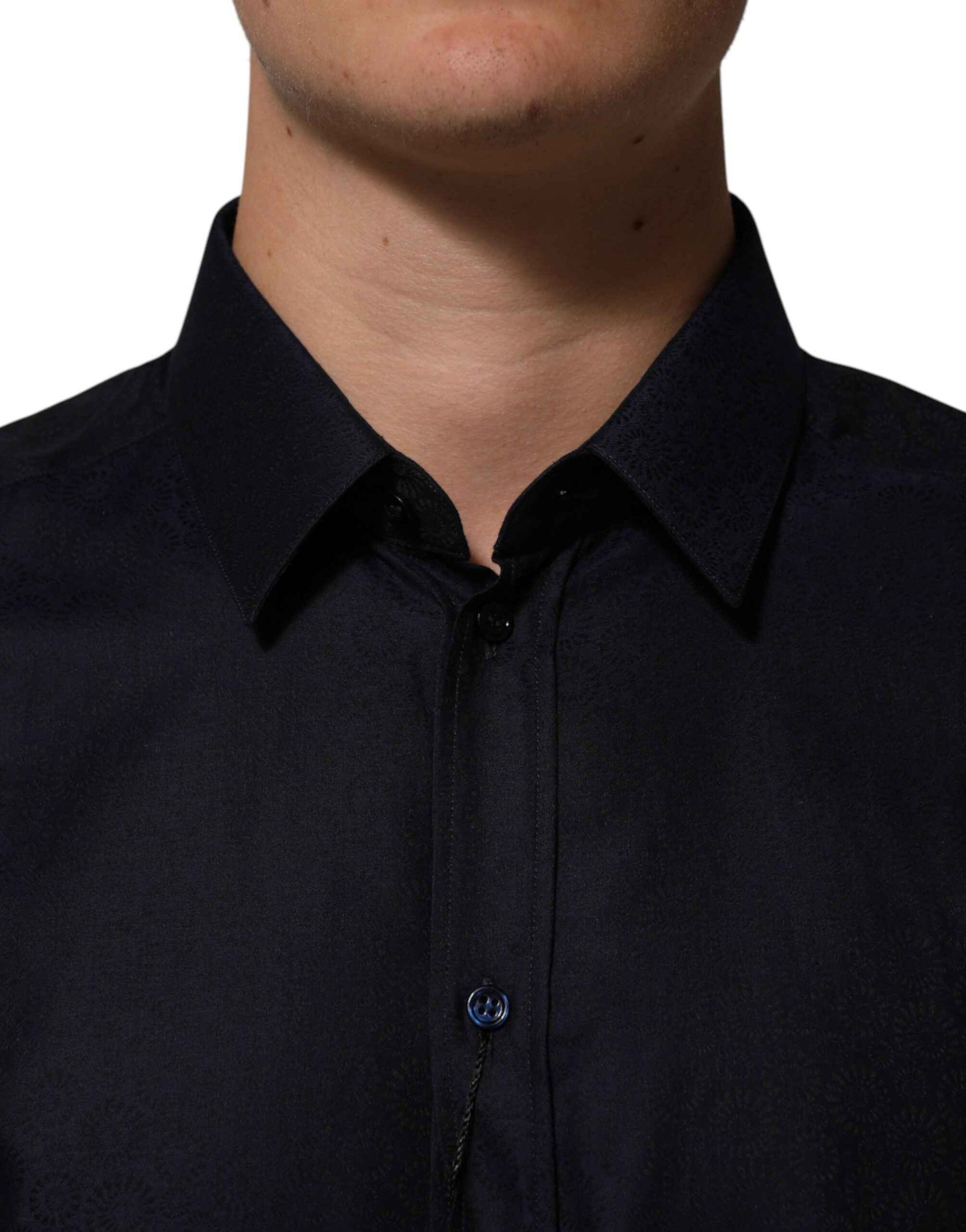 Dolce & Gabbana Blue Cotton Collared Long Sleeve GOLD Men Dress Shirt