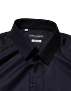 Dolce & Gabbana Blue Cotton Collared Long Sleeve GOLD Men Dress Shirt