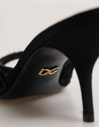 Dolce & Gabbana Black Embroidered Slip On Heels Slides Shoes