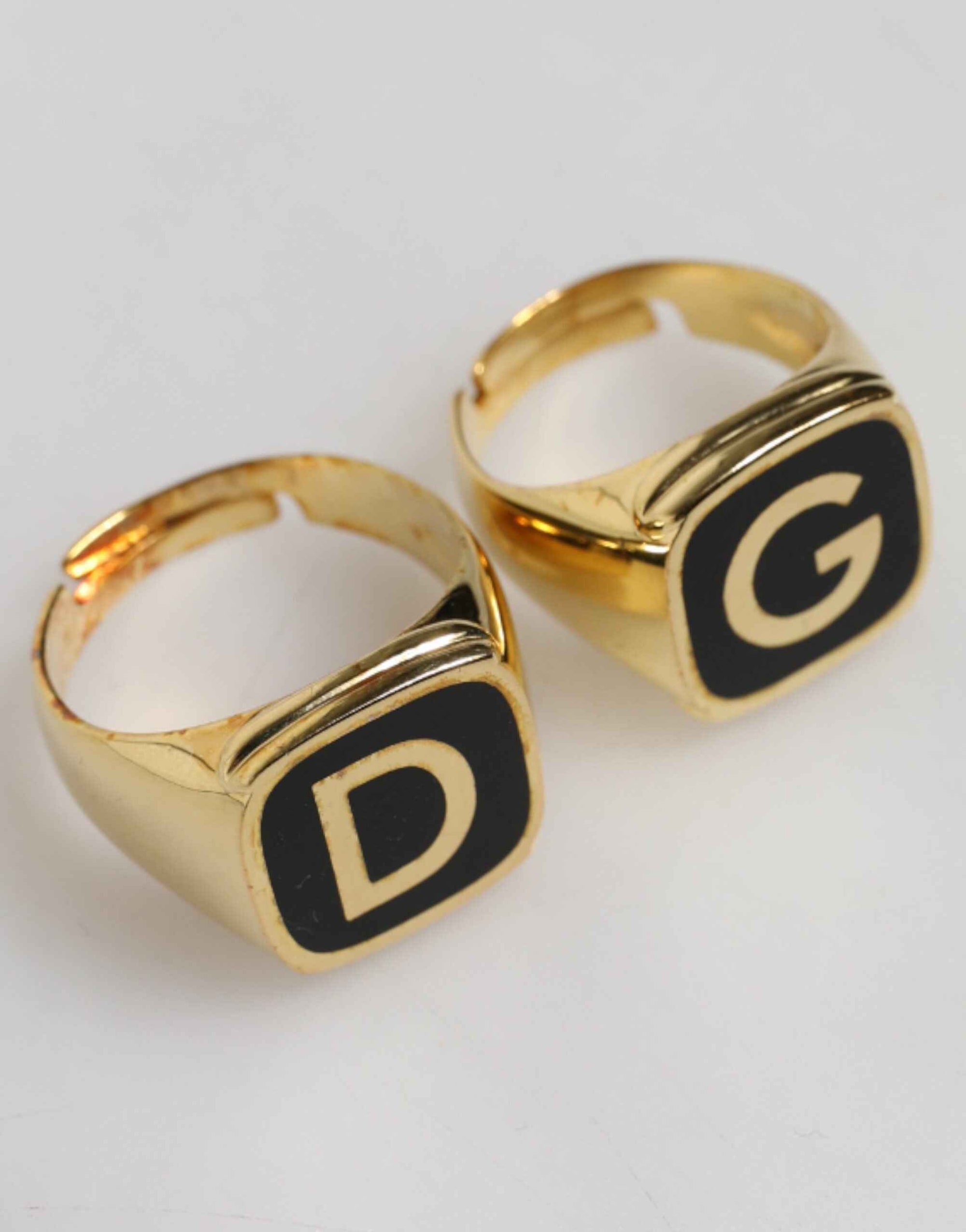 Dolce & Gabbana Gold-Tone Real Brass Black Enamel "DG" Adjustable Rings