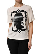 Dolce & Gabbana Cream Silk Silhouette Detail Short Sleeve Top