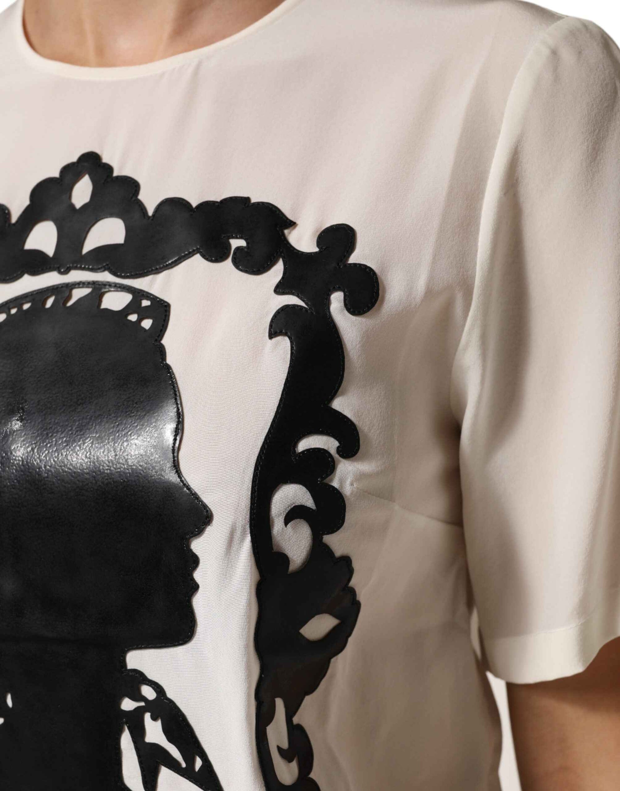 Dolce & Gabbana Cream Silk Silhouette Detail Short Sleeve Top