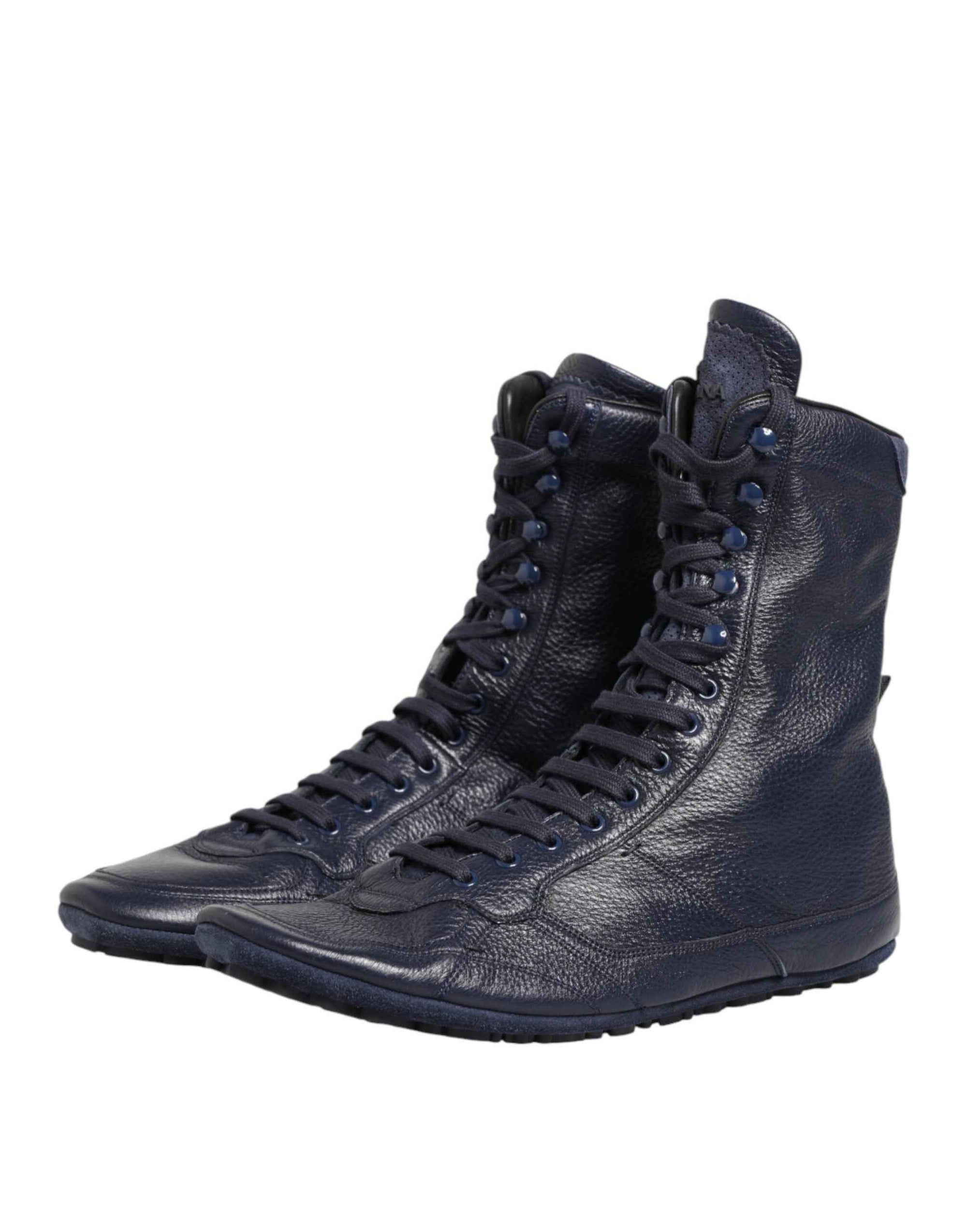 Dolce & Gabbana Dark Blue Deer Leather Mid Calf Boots Shoes