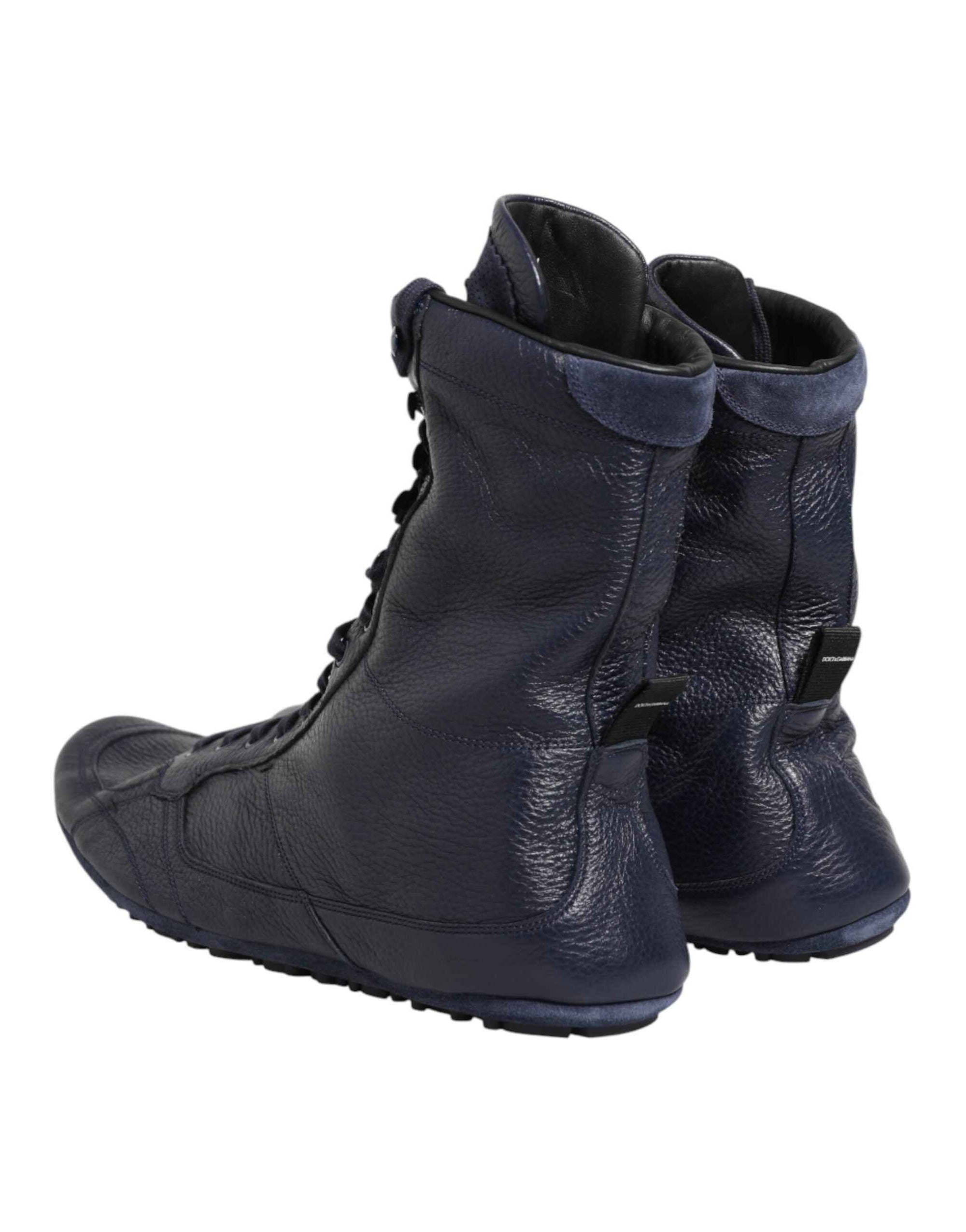 Dolce & Gabbana Dark Blue Deer Leather Mid Calf Boots Shoes