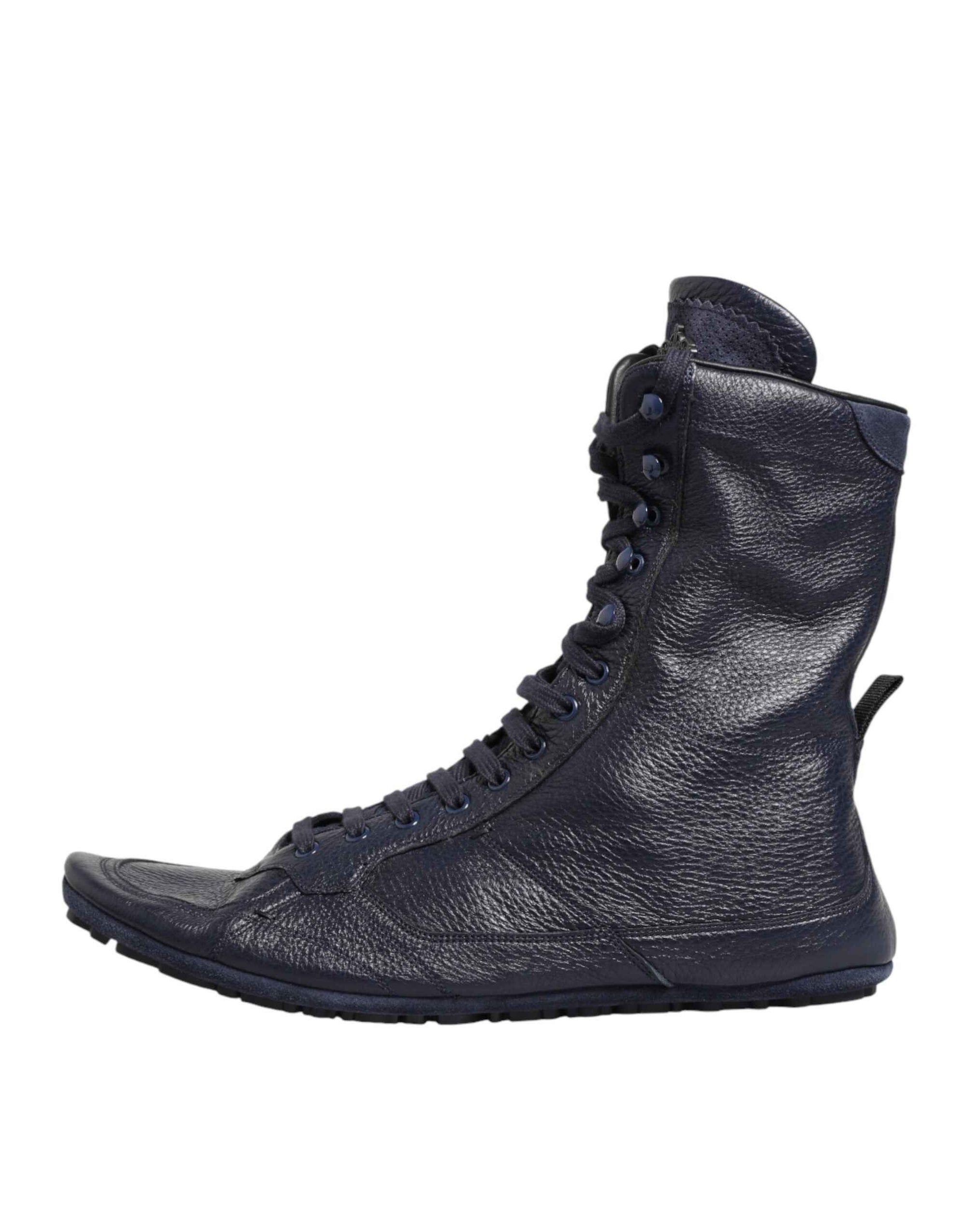 Dolce & Gabbana Dark Blue Deer Leather Mid Calf Boots Shoes