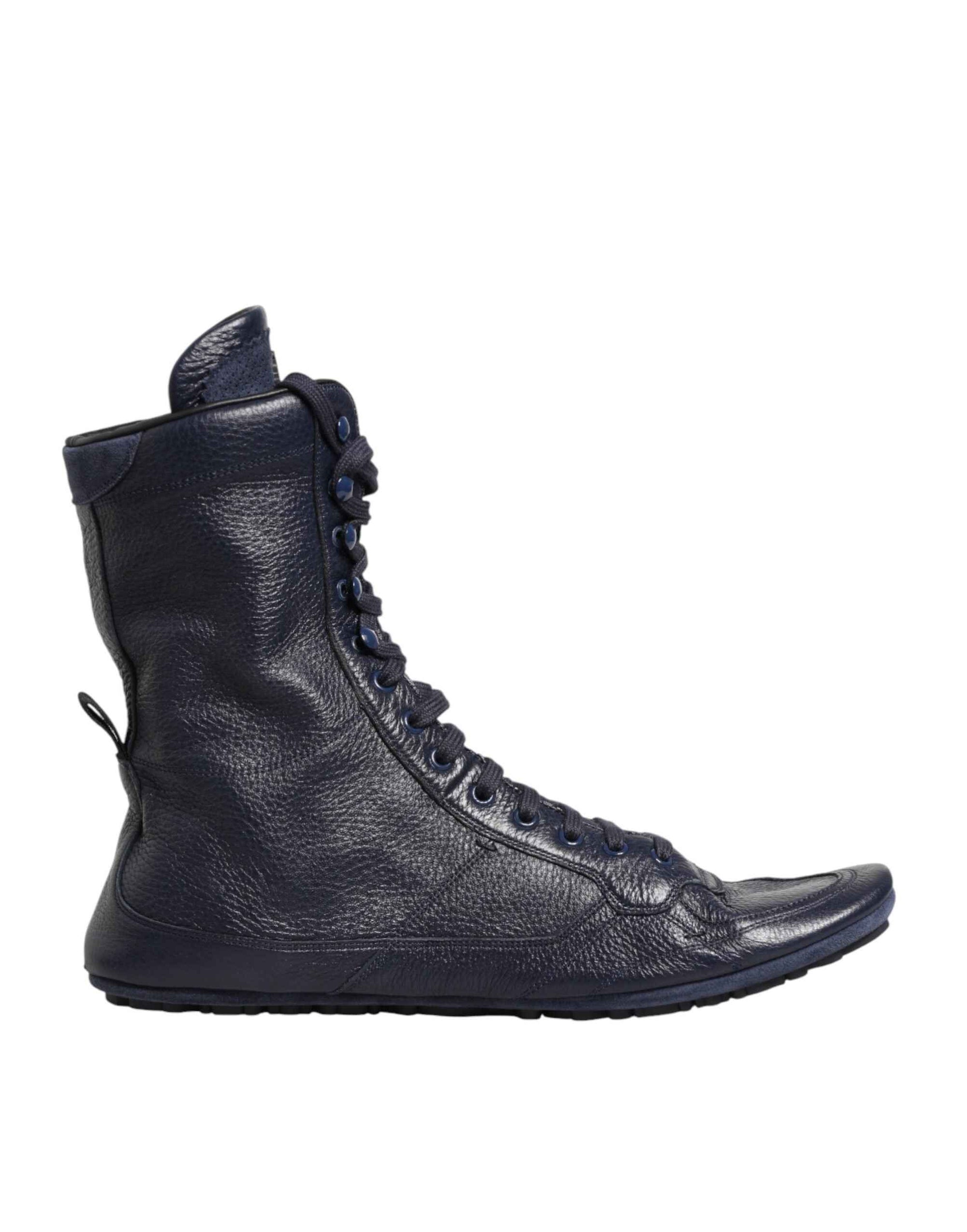 Dolce & Gabbana Dark Blue Deer Leather Mid Calf Boots Shoes