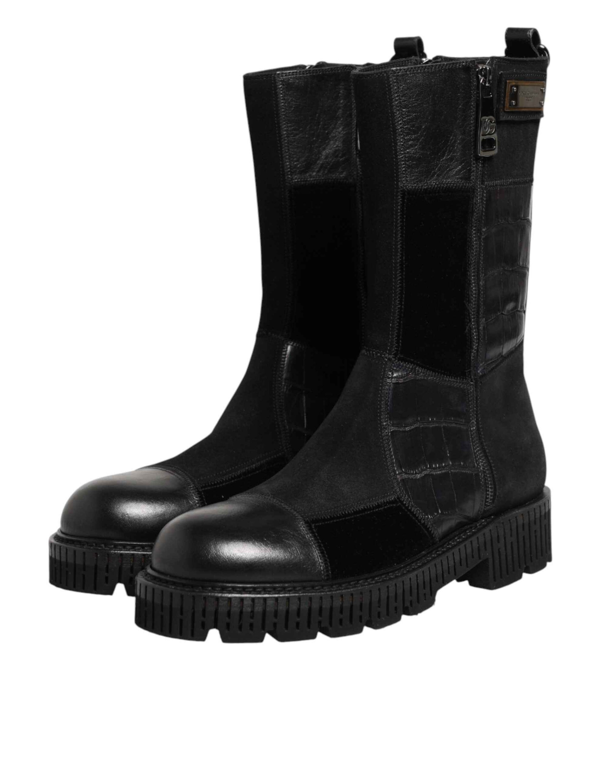 Dolce & Gabbana Black Patchwork Leather Mid Calf Boot  Shoes
