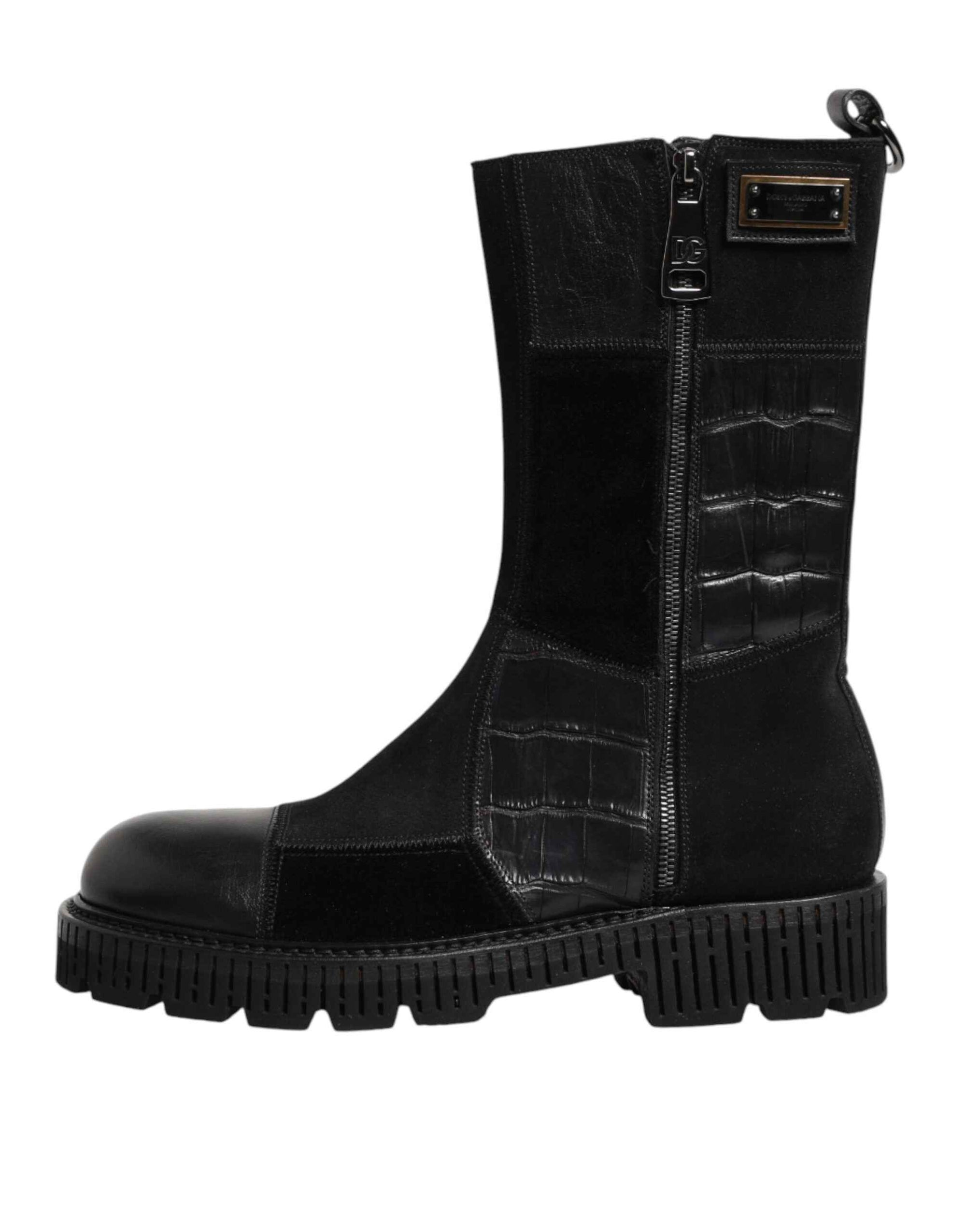 Dolce & Gabbana Black Patchwork Leather Mid Calf Boot  Shoes
