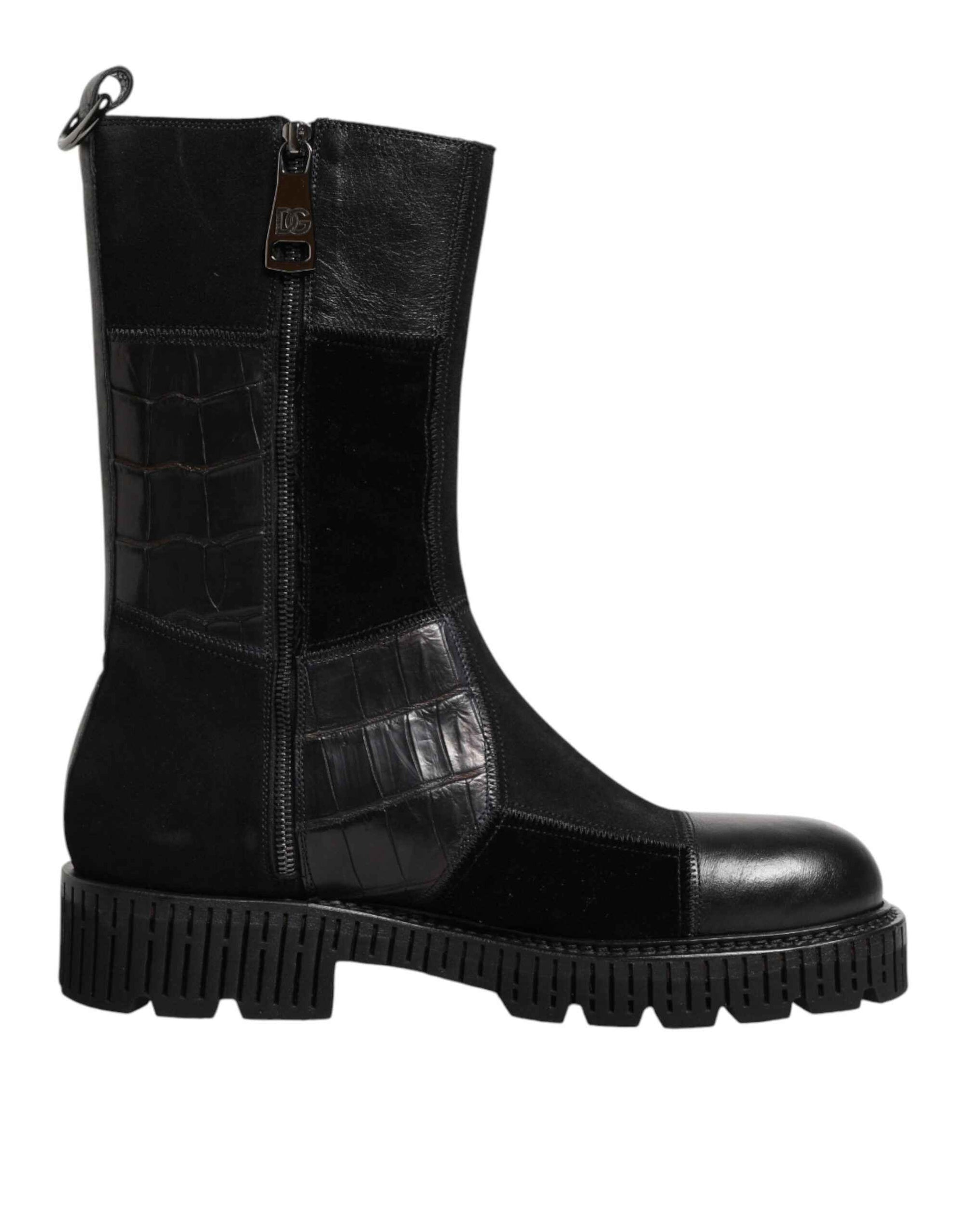 Dolce & Gabbana Black Patchwork Leather Mid Calf Boot  Shoes