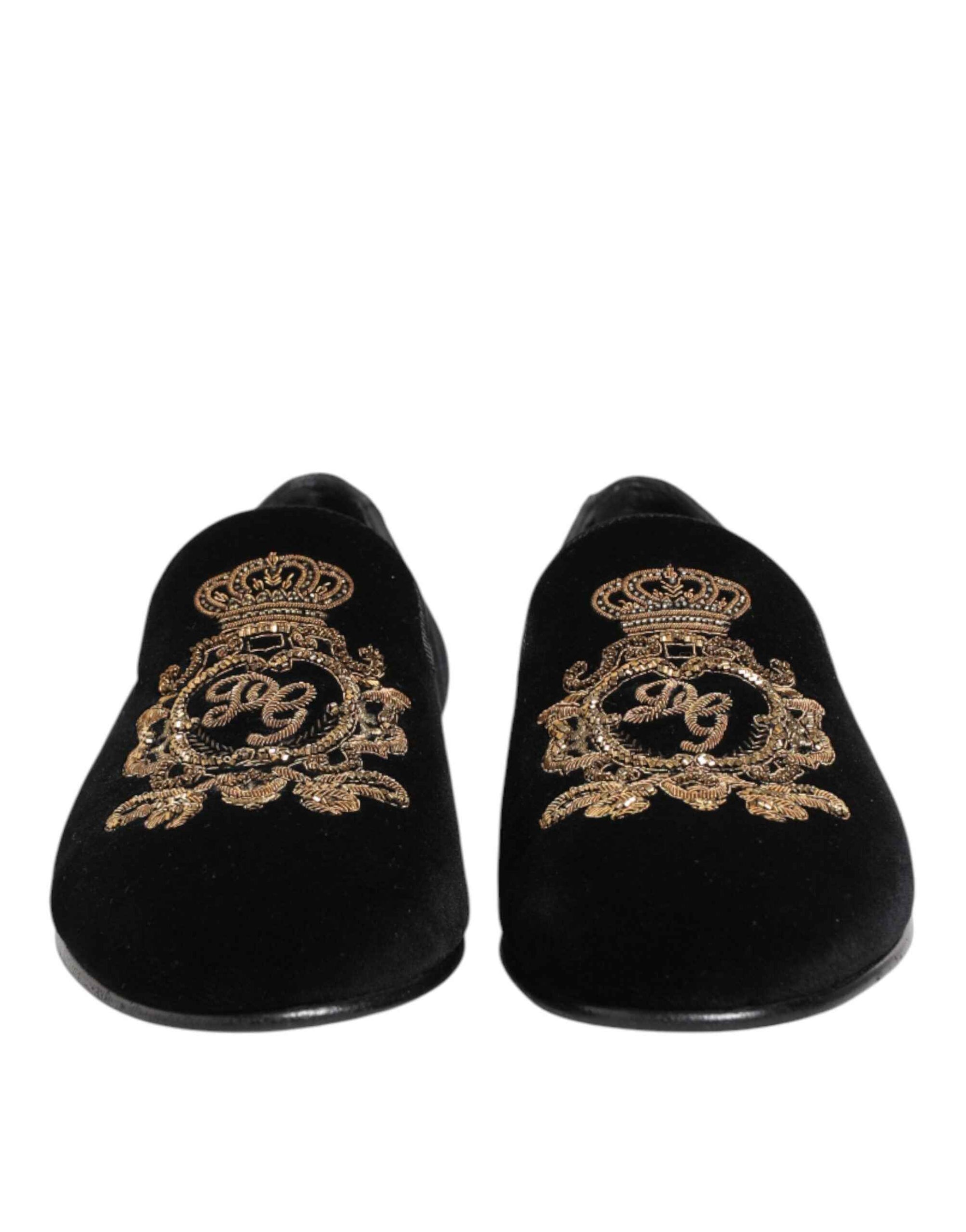 Dolce & Gabbana Black Velvet Gold Crown Mens Loafers Shoes