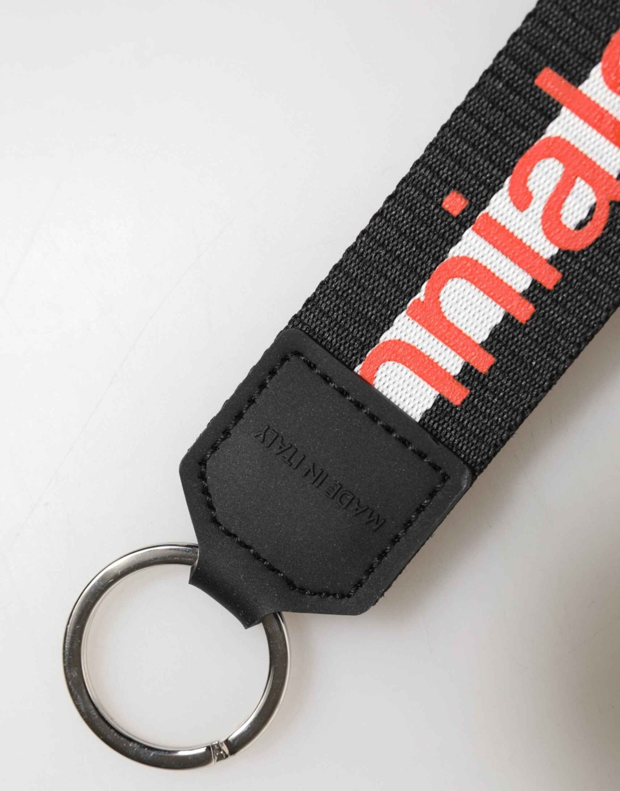 Dolce & Gabbana Black Logo Polyester Silver Brass Holder Keychain Keyring