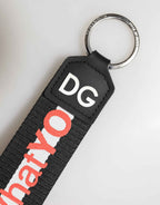Dolce & Gabbana Black Logo Polyester Silver Brass Holder Keychain Keyring