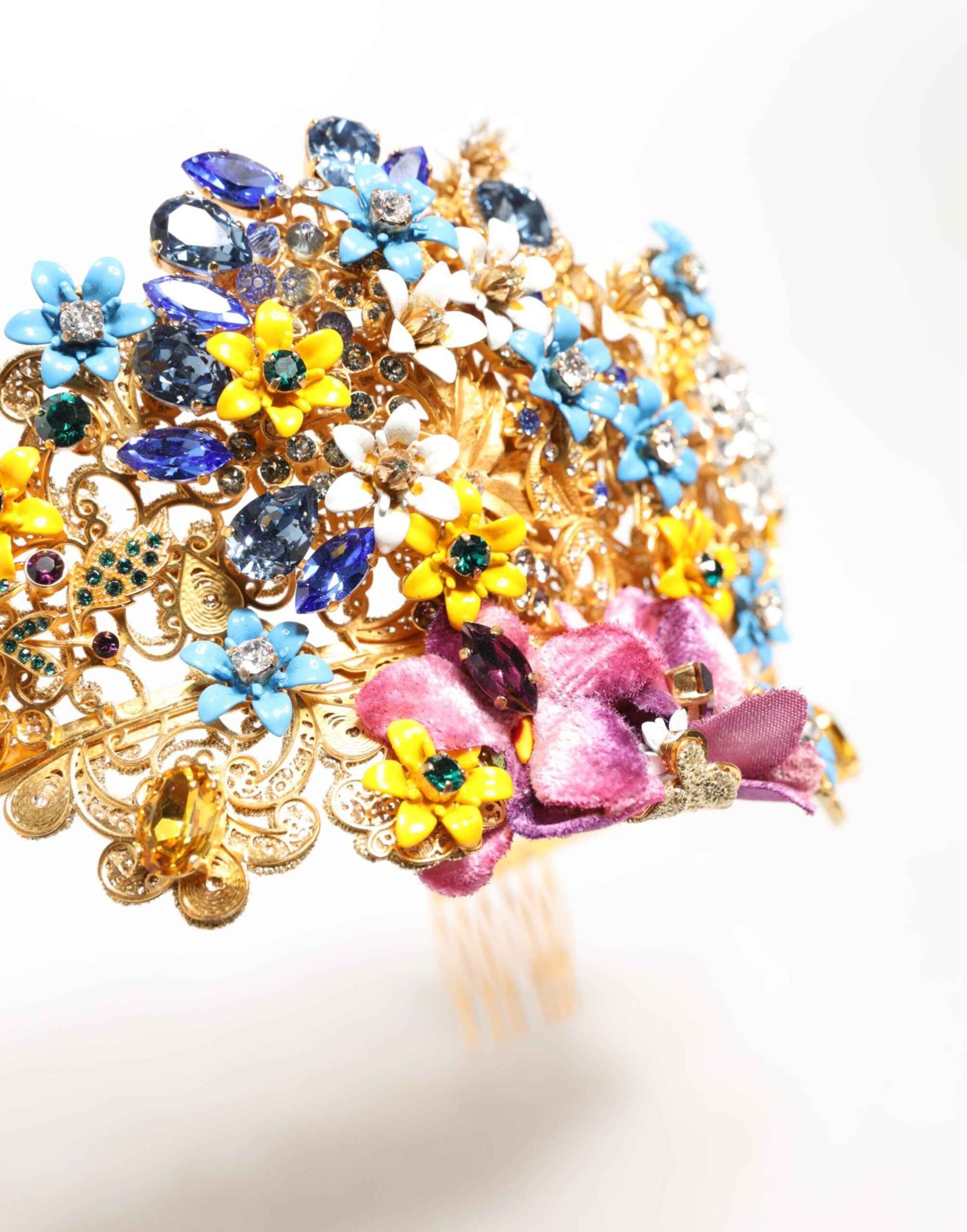 Dolce & Gabbana Gold Brass Crystal Floral Hortensia Crown Headband Tiara