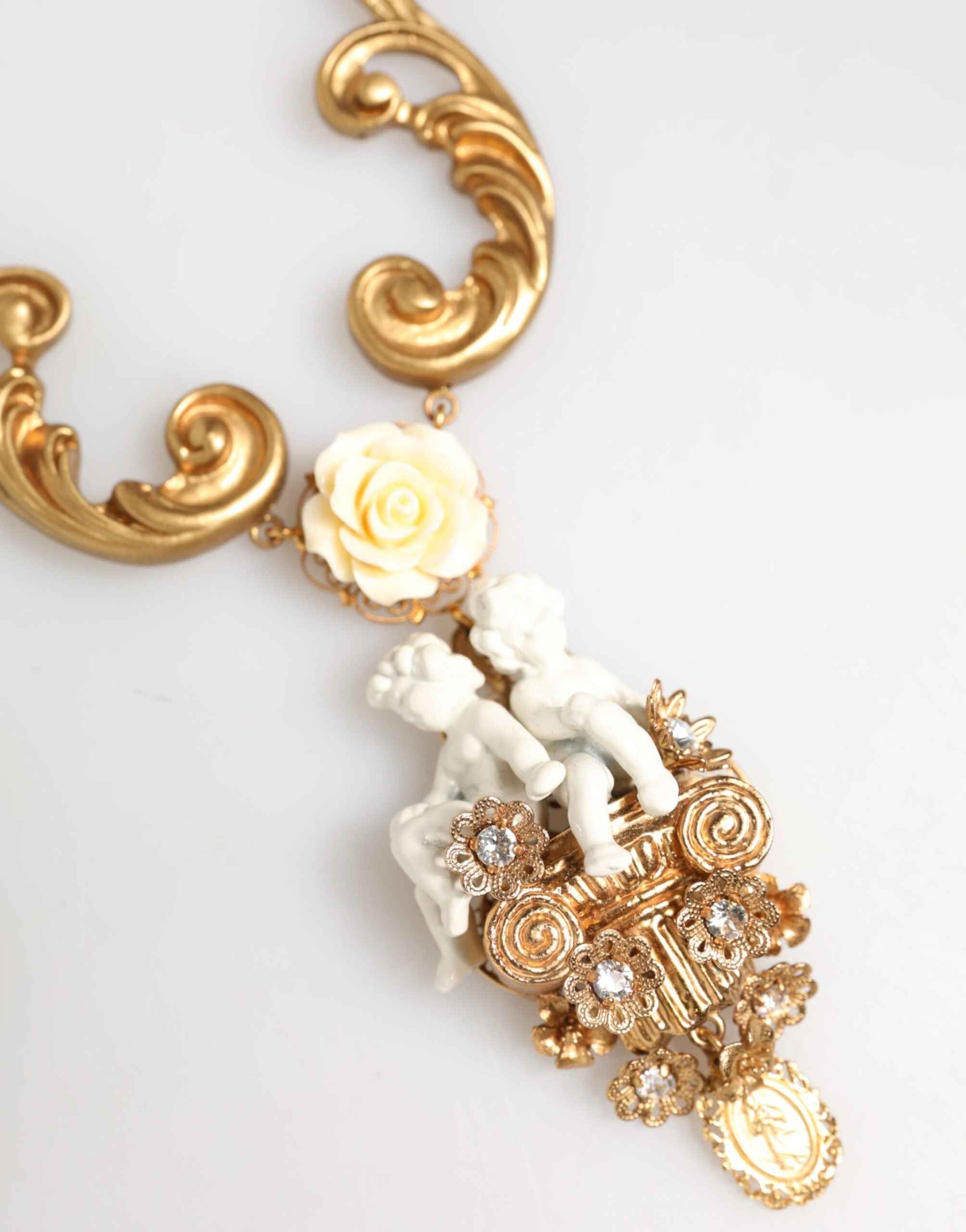 Dolce & Gabbana Gold Ceramic Crystal Cherub Baroque Pendant Necklace