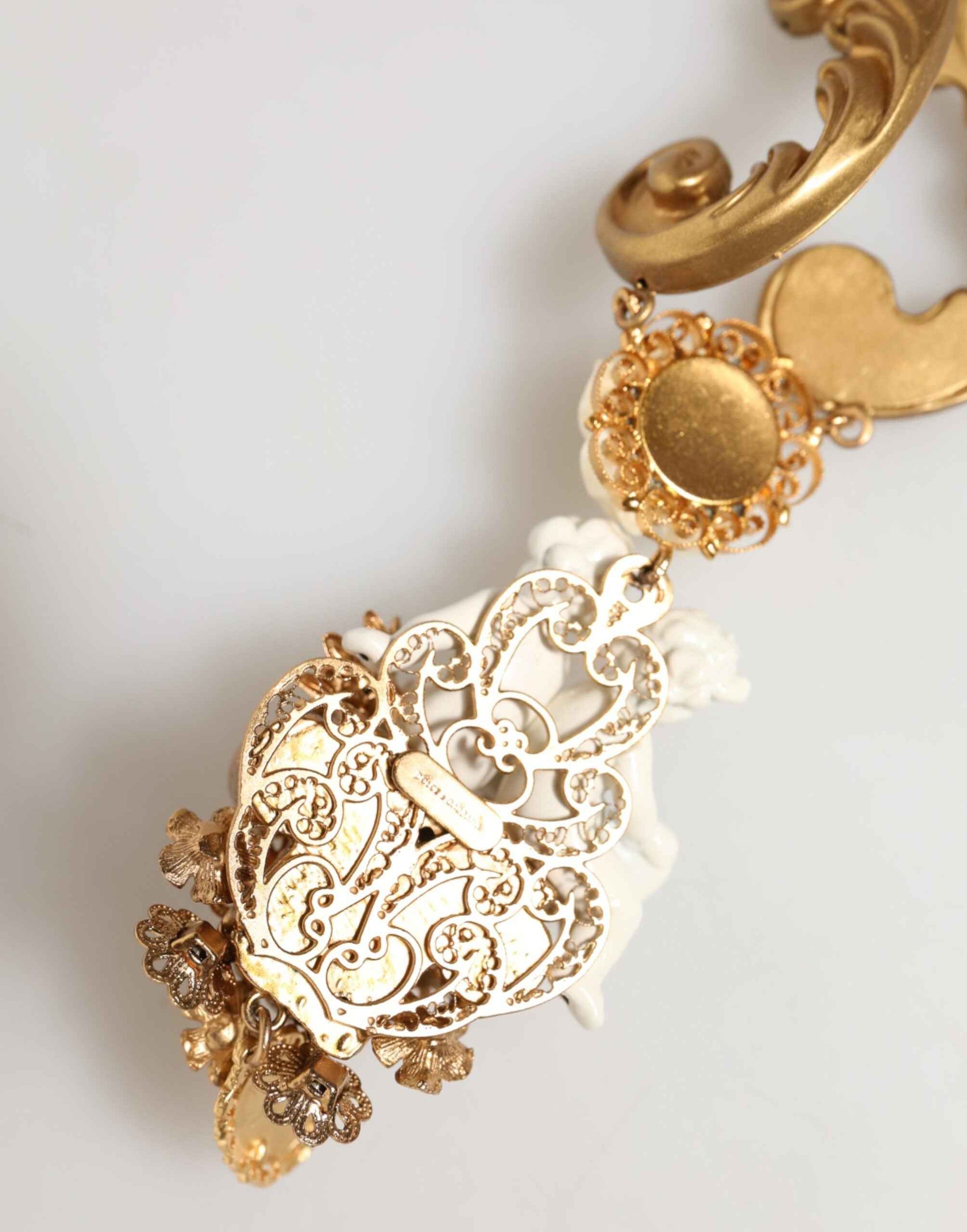 Dolce & Gabbana Gold Ceramic Crystal Cherub Baroque Pendant Necklace