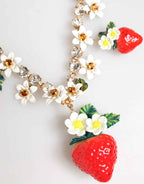 Dolce & Gabbana Gold Brass FRUIT Pendants Flowers Crystal Logo Necklace