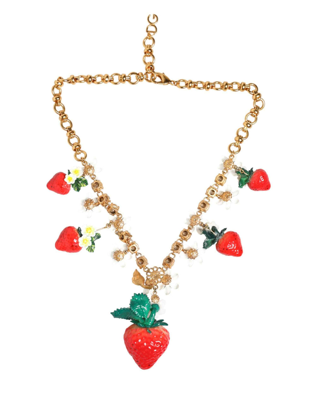 Dolce & Gabbana Gold Brass FRUIT Pendants Flowers Crystal Logo Necklace