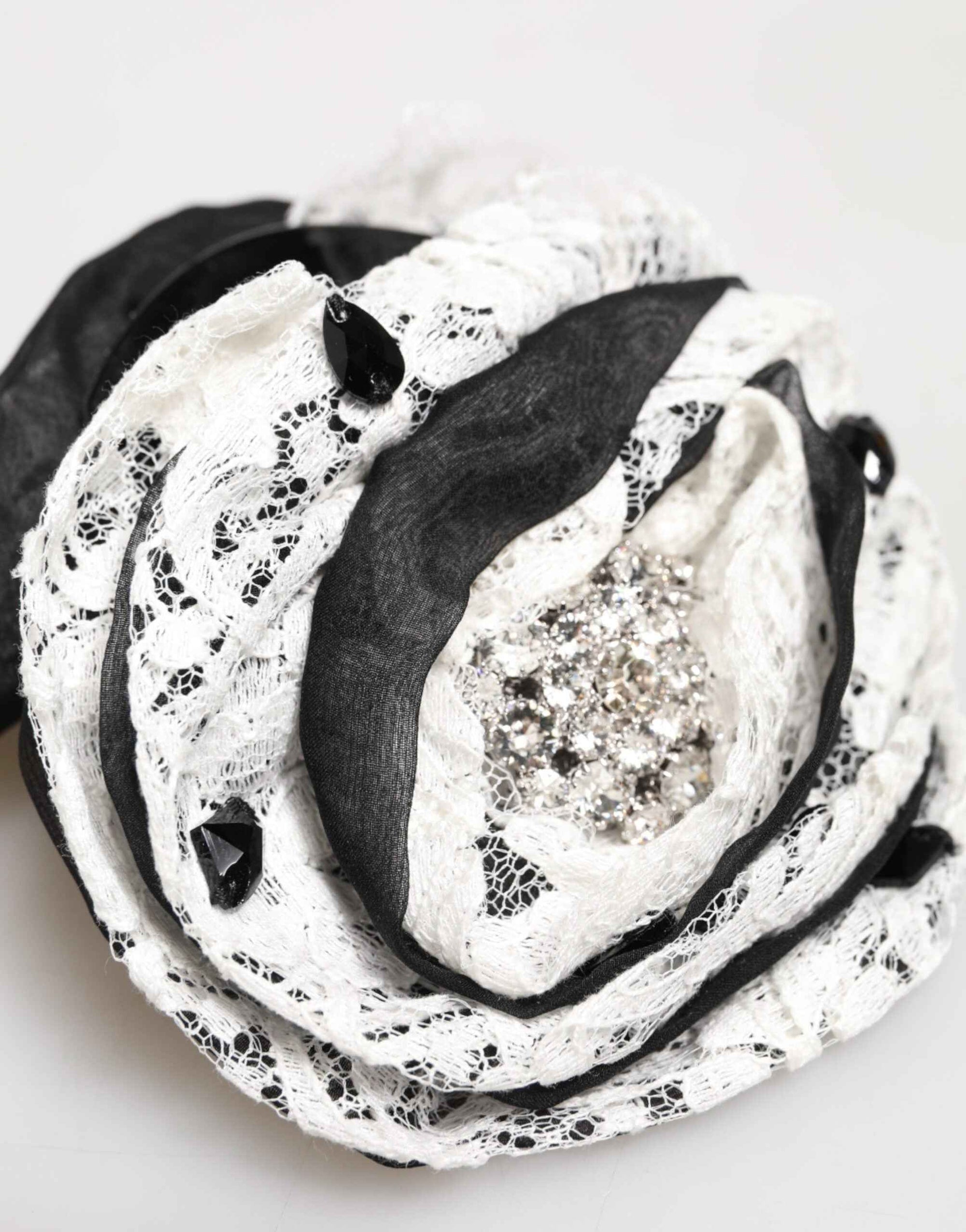 Dolce & Gabbana Black White Silk Floral Lace Crystal Accessory Hair Claw
