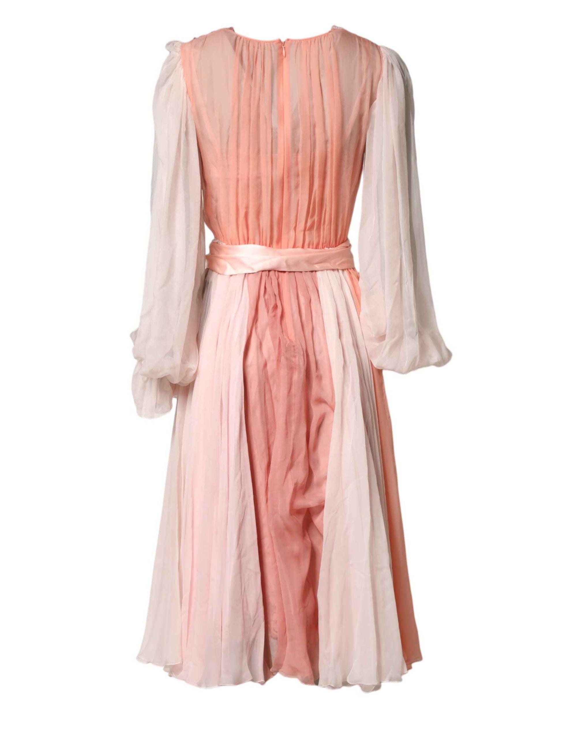 Dolce & Gabbana Pink Silk Tulle Long Sleeve V-neck Dress