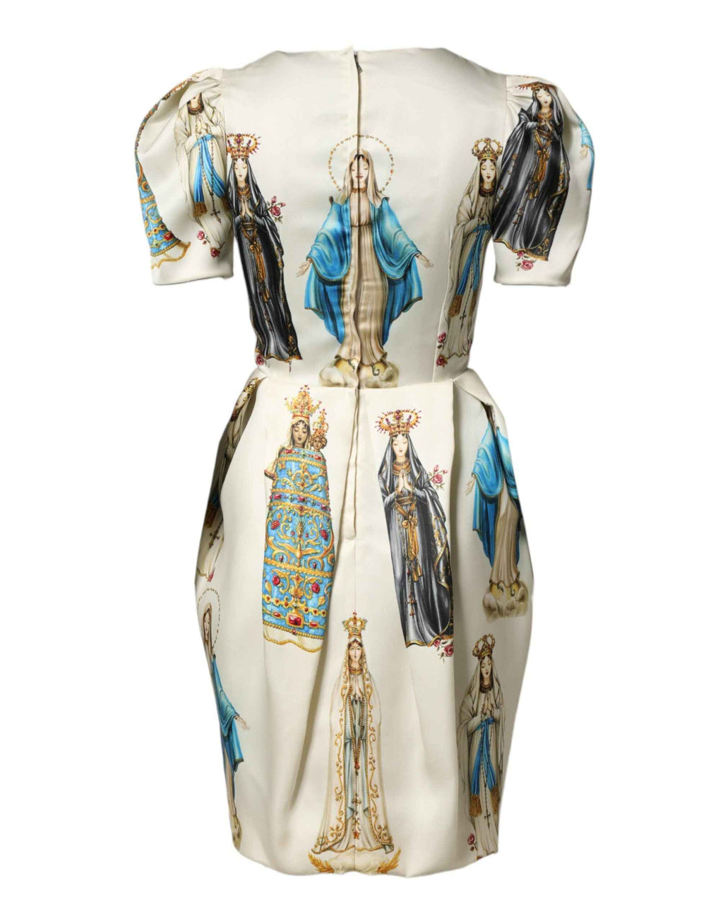Dolce & Gabbana Beige Madonne Print Silk Short Sleeve Dress